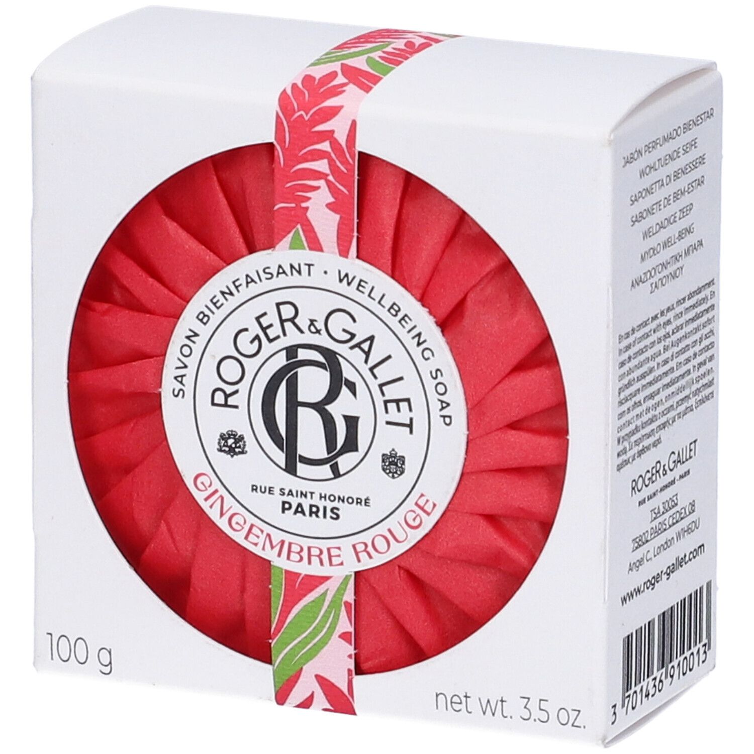 Sapone rosso rotondo in scatola bianca. Scritta: ROGER & GALLET, GINGEMBRE ROUGE. Con nastro floreale. 100 g.