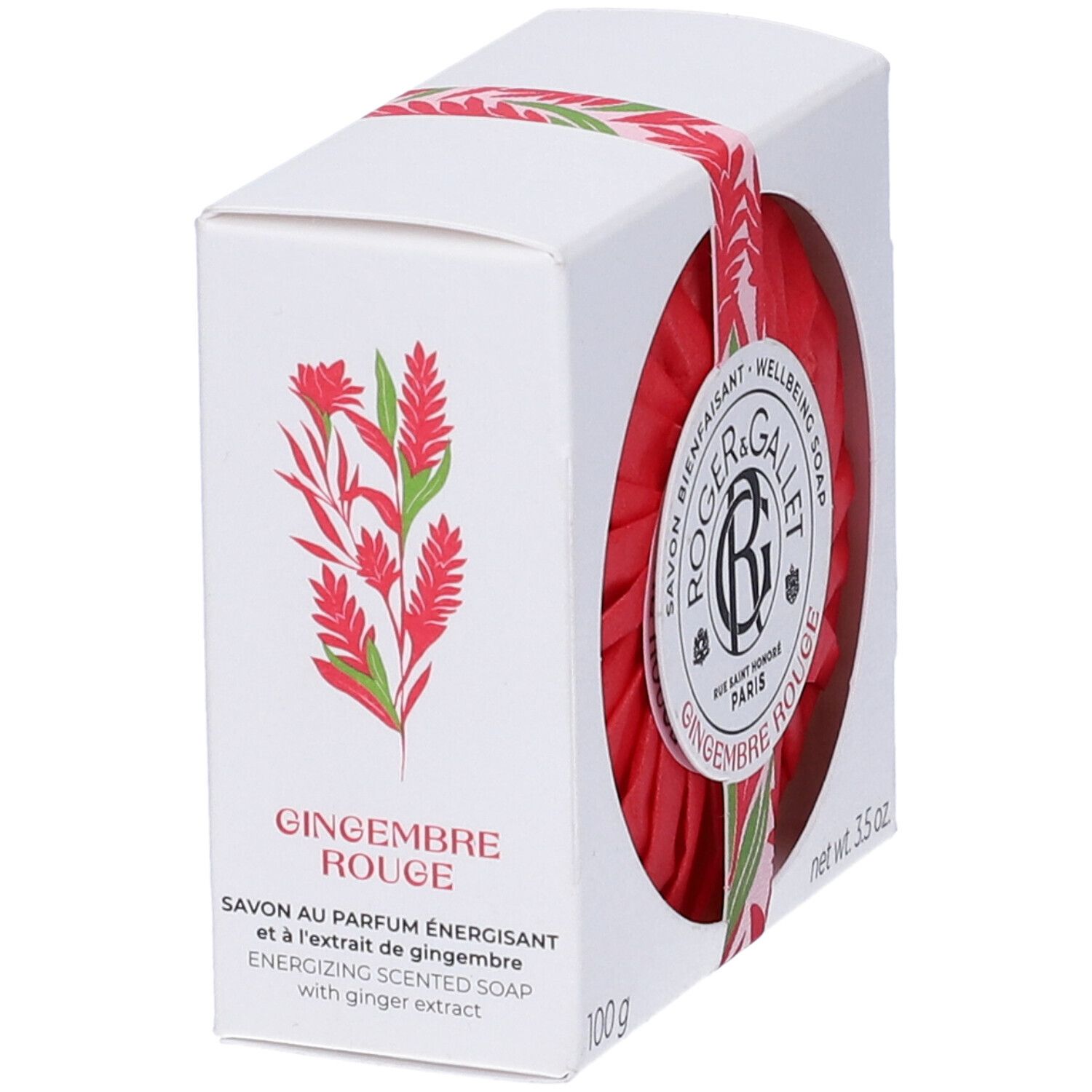 Scatola bianca con sapone rosso rotondo. Scritta: GINGEMBRE ROUGE. Nastro floreale. 100 g. Estratto di zenzero.