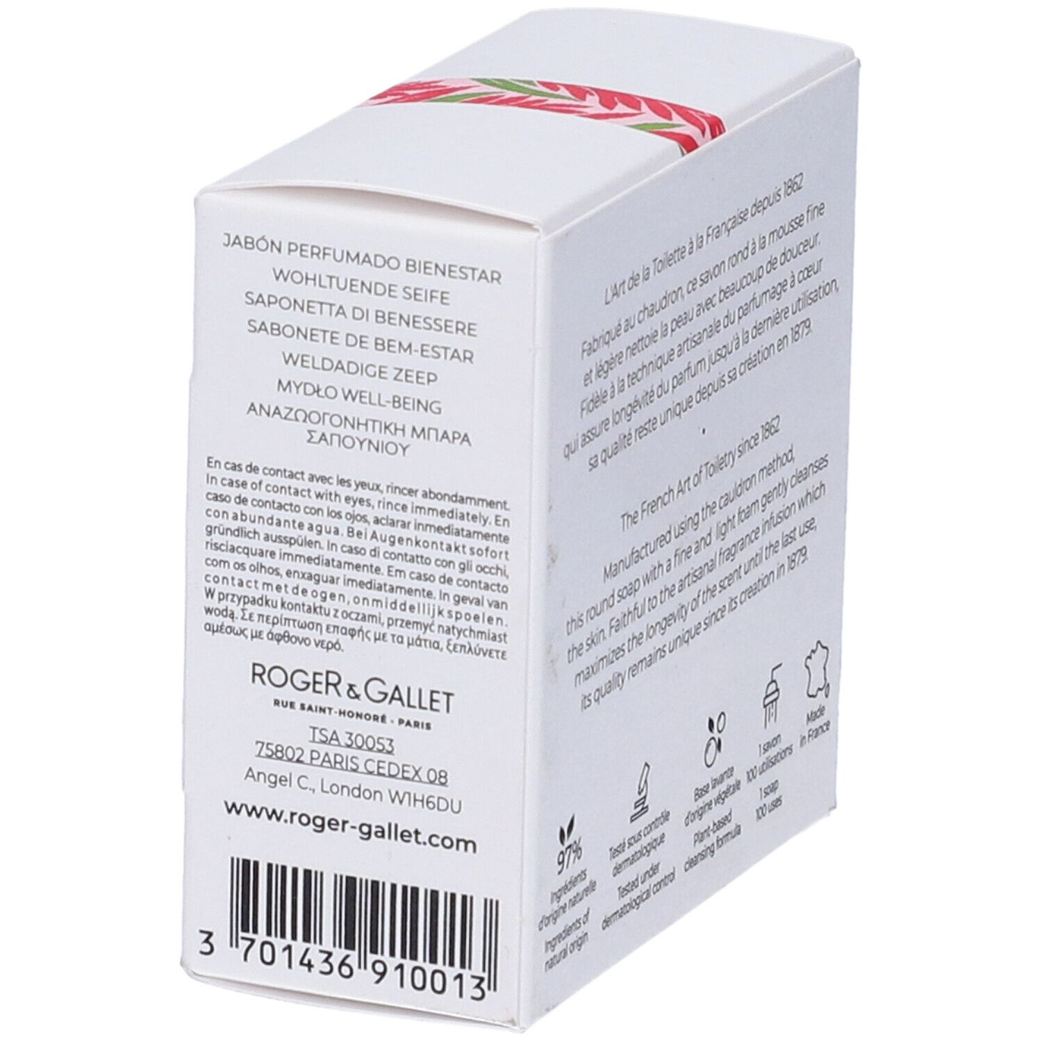 Scatola bianca con testo multilingue. Scritta: ROGER & GALLET. Indirizzo e codice a barre. Avvertenza in caso di contatto con gli occhi.