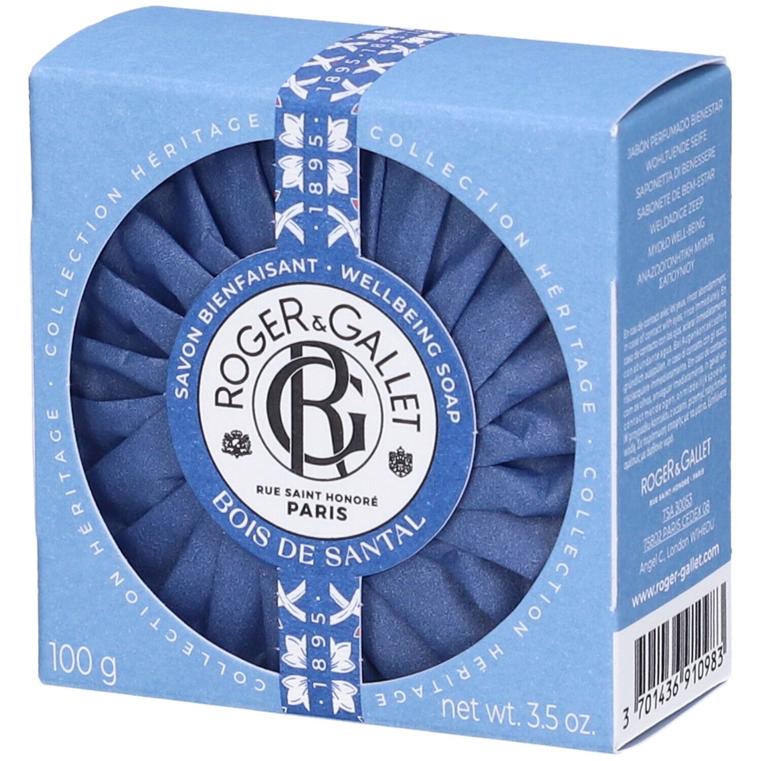 Scatola blu con apertura rotonda. Roger&Gallet Bois de Santal Saponetta. 100g. 3.5 oz. Confezione con nastro blu.