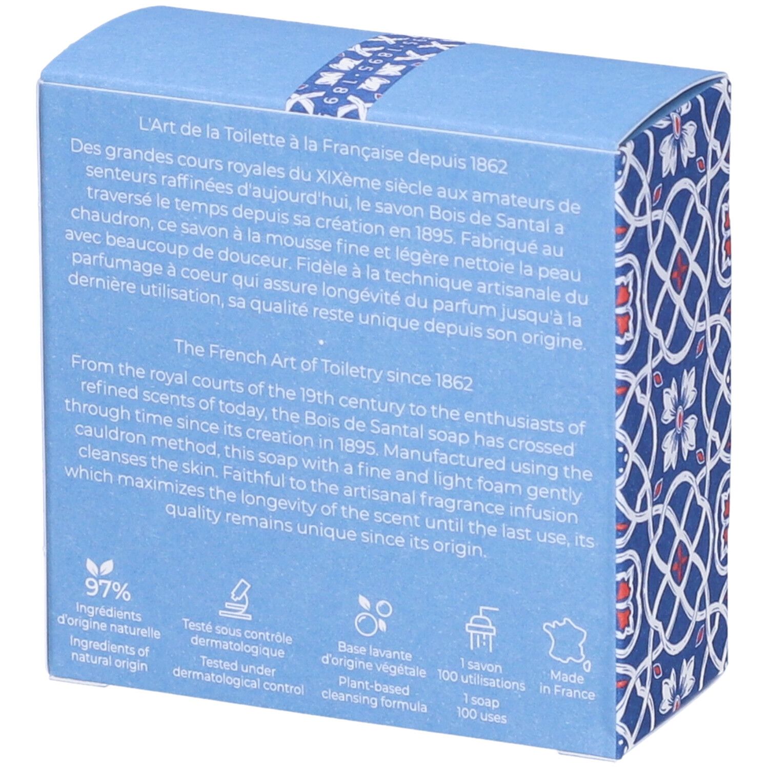 Retro della scatola blu. Testo in francese e inglese. 97% ingredienti di origine naturale. Made in France.