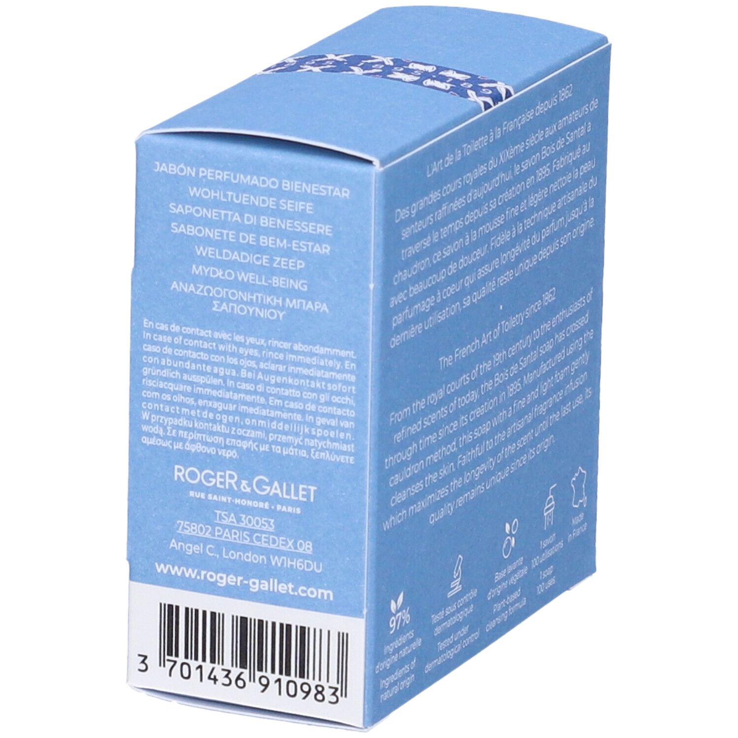 Retro della scatola blu. Testo multilingue. Indirizzo Roger&Gallet e codice a barre. Made in France.