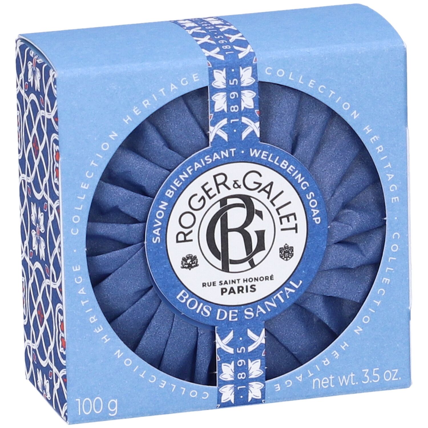 Scatola blu con apertura rotonda. Roger&Gallet Bois de Santal Saponetta. 3.5 oz. Confezione con nastro blu.