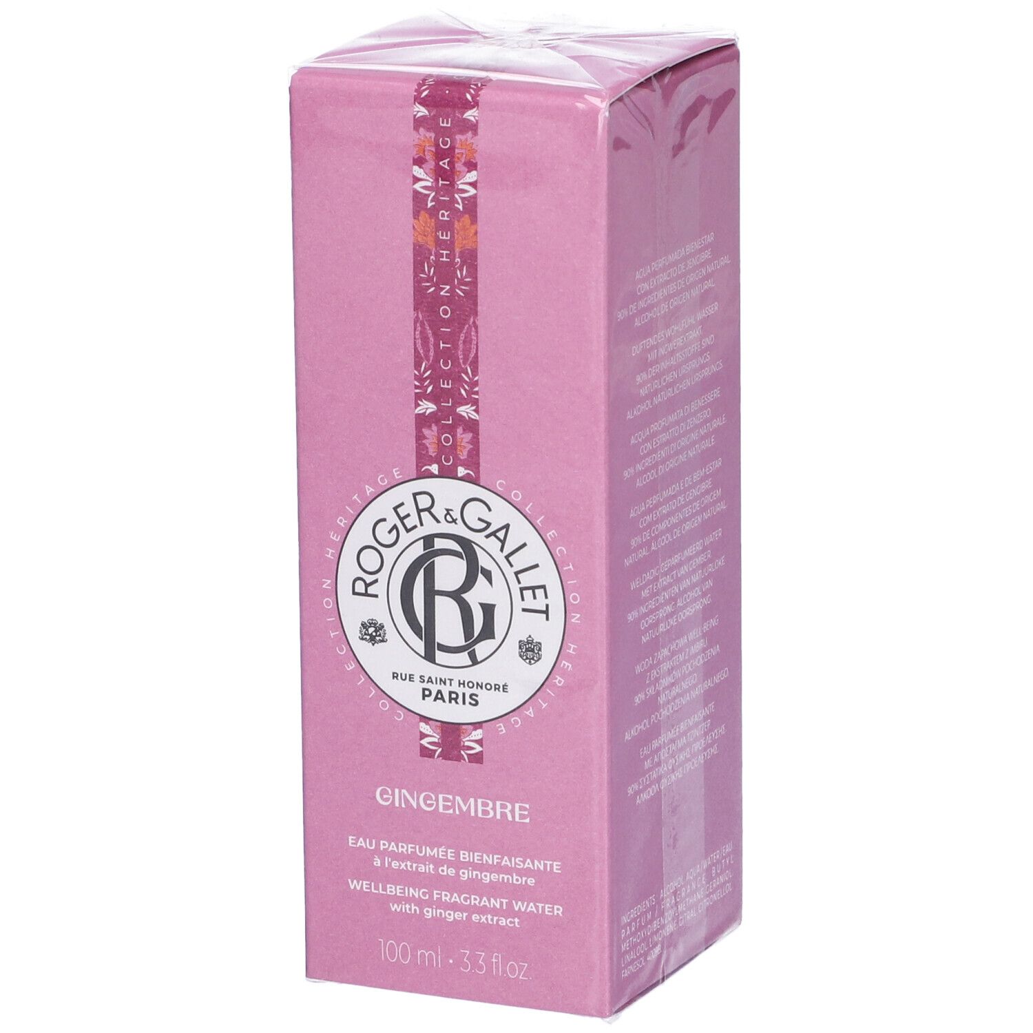 Scatola rosa con informazioni prodotto. Logo Roger & Gallet, nome Gingembre. Testo: Eau Parfumée Bienfaisante, 100 ml.