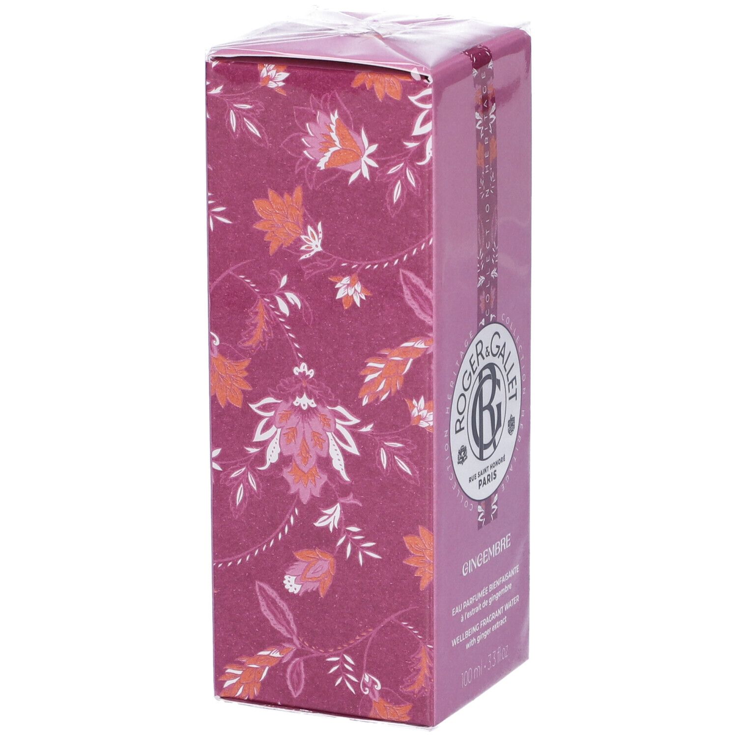 Scatola rosa con motivi floreali. Logo Roger & Gallet, nome Gingembre. Imballaggio in cellophane.