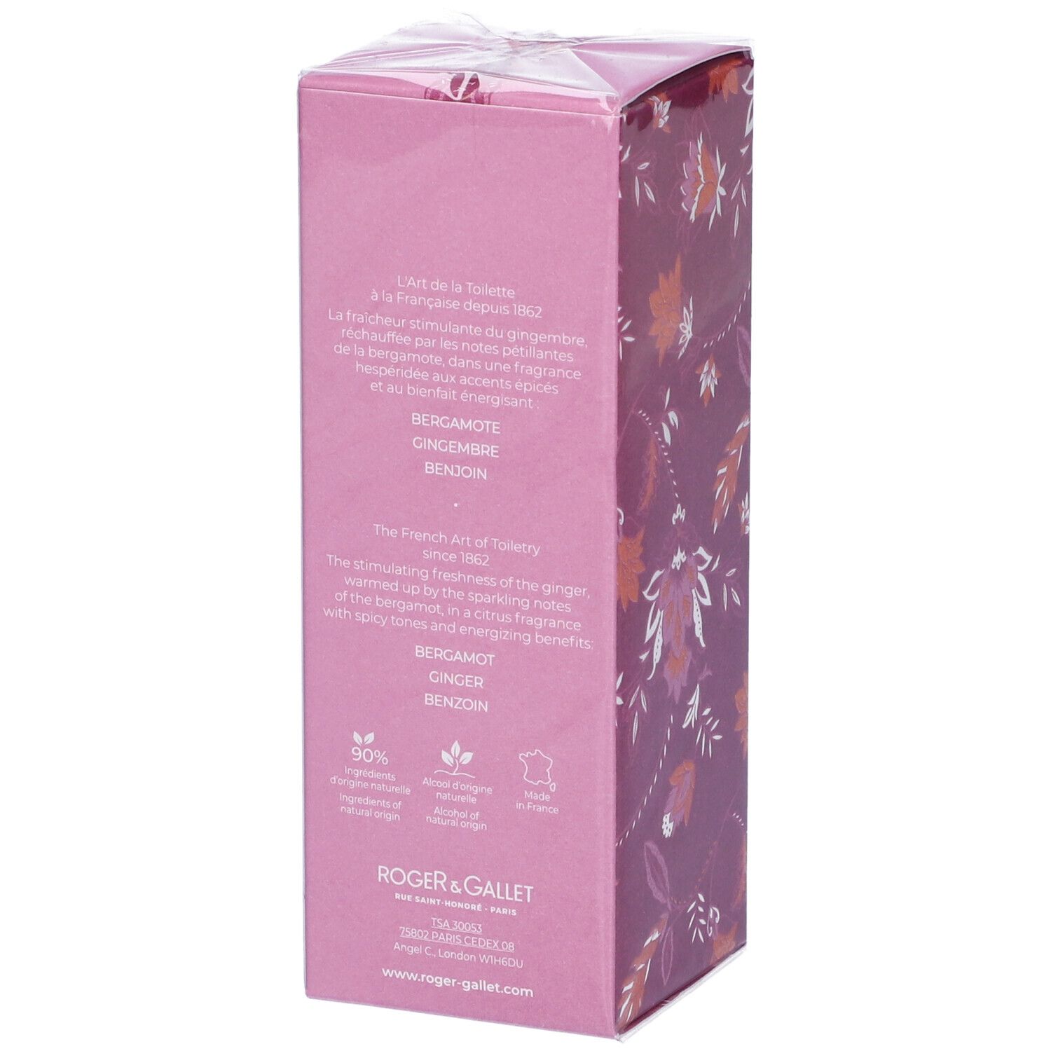 Scatola rosa con testo. Logo Roger & Gallet. Testo: Bergamotto, Gingembre, Benjoin. 90% ingredienti naturali.