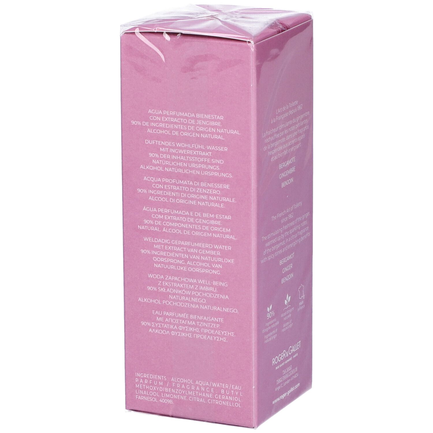 Scatola rosa con testo. Logo Roger & Gallet. Testo: Aqua Parfumée de Bien-être, 90% ingredienti naturali.