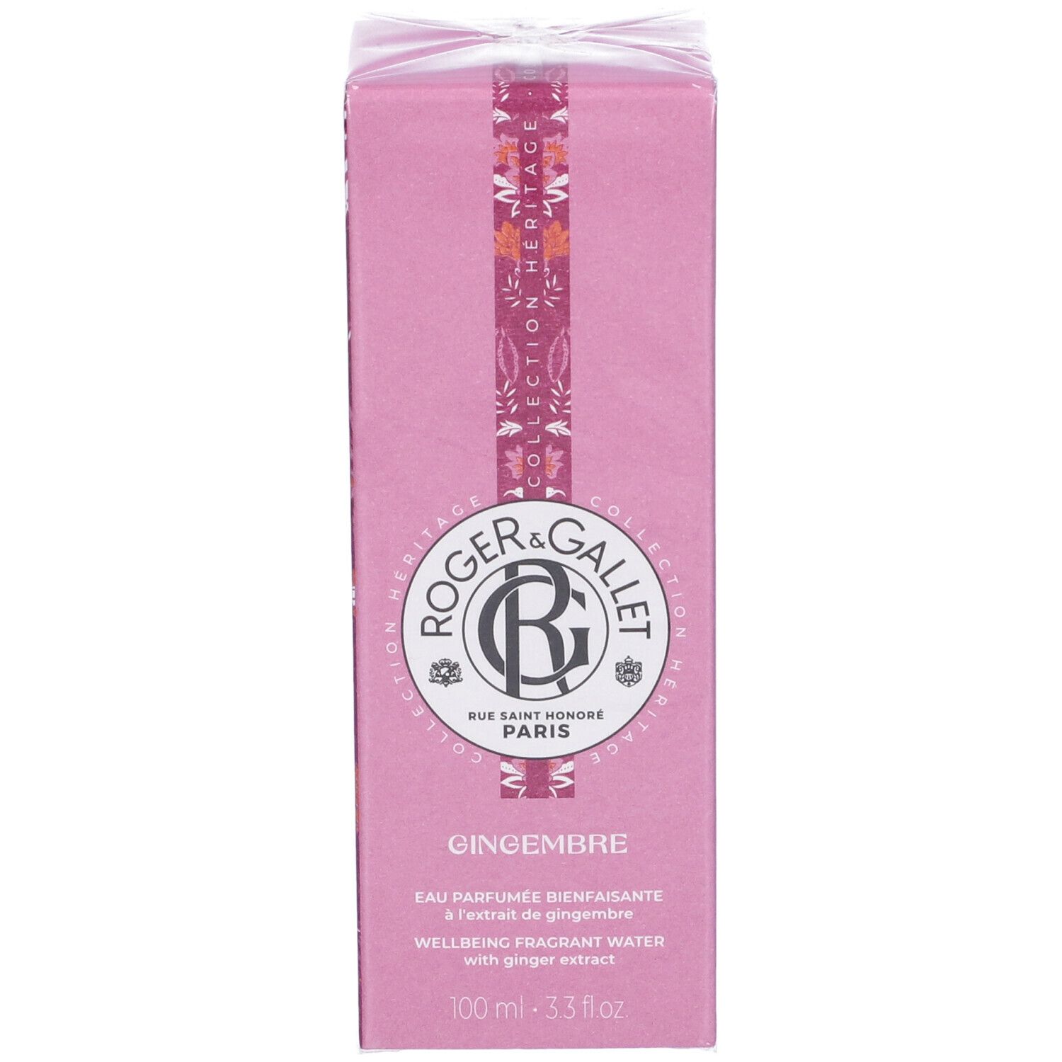 Scatola rosa con informazioni prodotto. Logo Roger & Gallet, nome Gingembre. Testo: Eau Parfumée Bienfaisante, 100 ml.