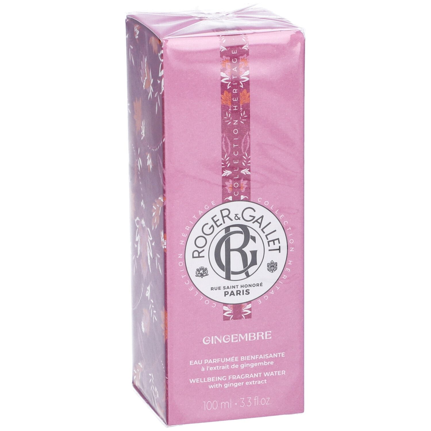 Scatola rosa con motivi floreali. Logo Roger & Gallet, nome Gingembre. Imballaggio in cellophane.