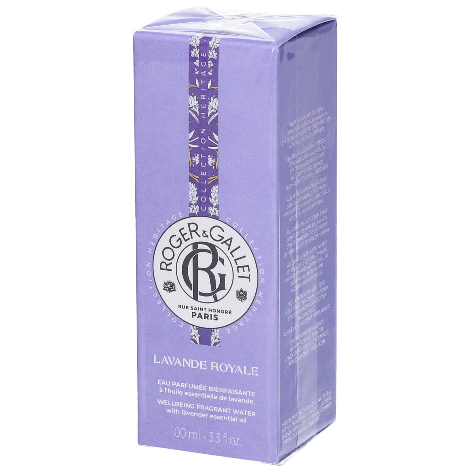 Confezione Roger & Gallet Lavande Royale. Rettangolare, lilla. Logo e nome del prodotto visibili.