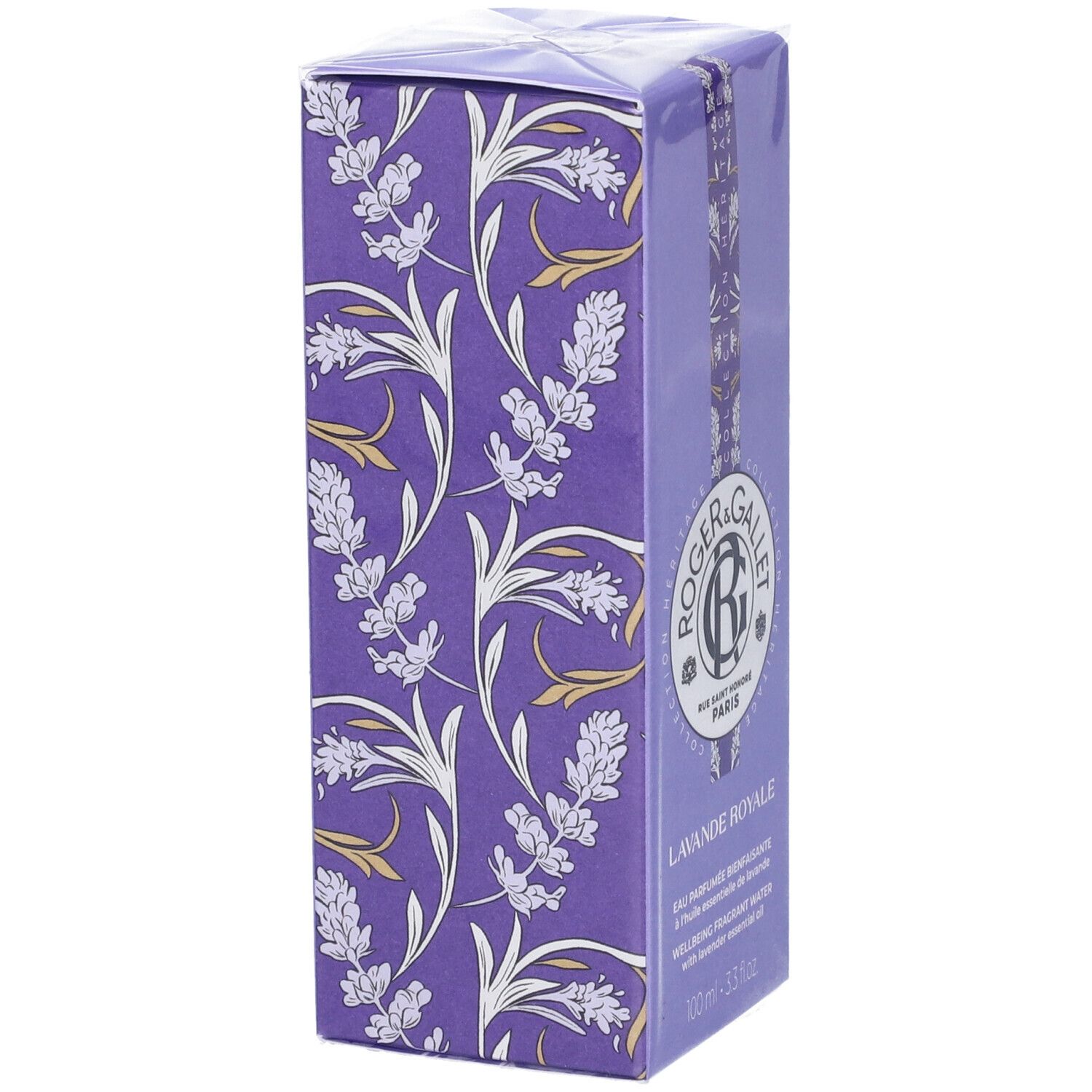 Confezione Roger & Gallet Lavande Royale. Lilla con motivo floreale. Vista laterale.
