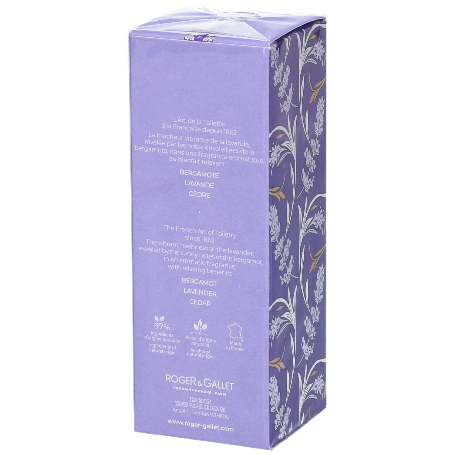 Confezione Roger & Gallet Lavande Royale. Retro con testo. Ingredienti e certificazioni.