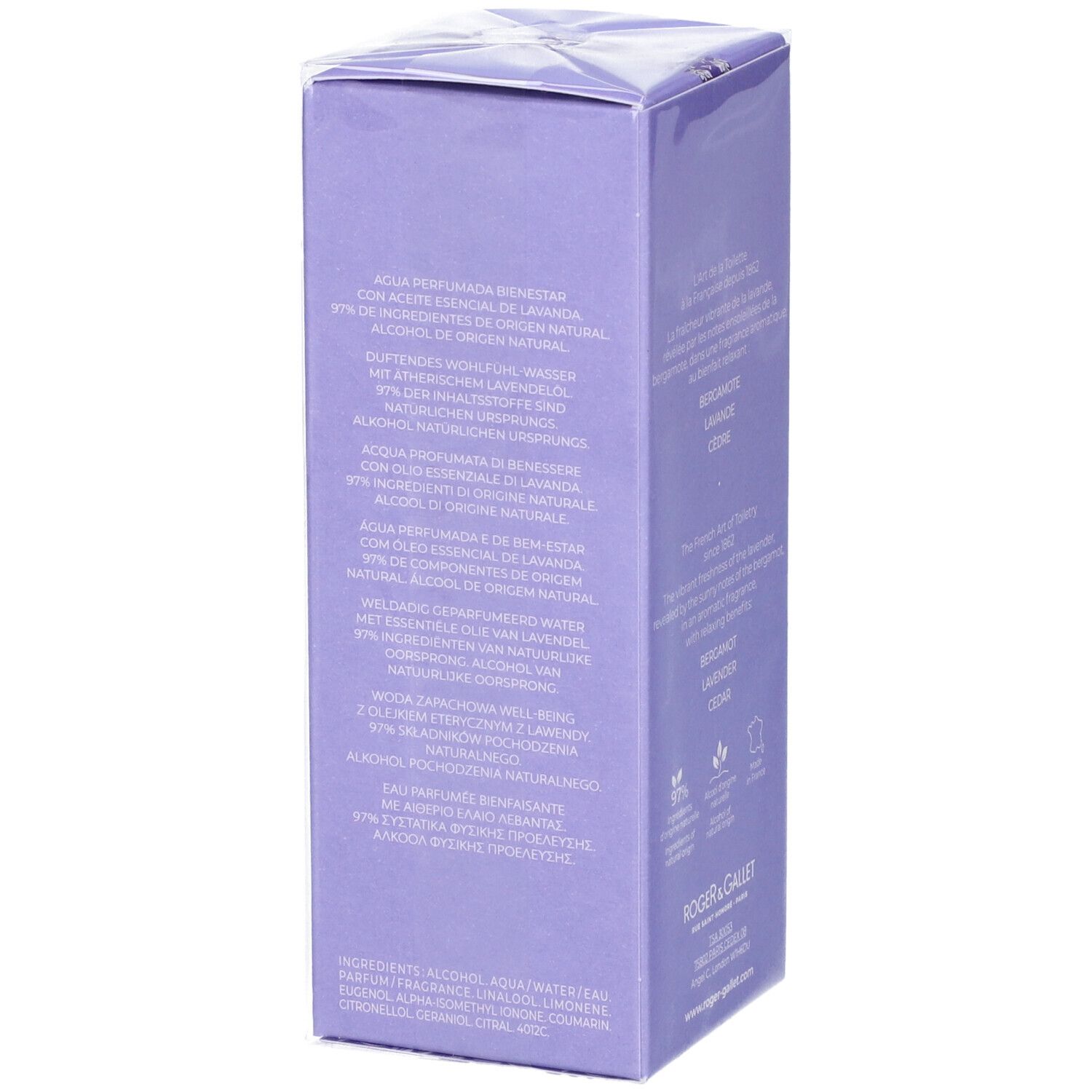 Confezione Roger & Gallet Lavande Royale. Testo multilingue. Ingredienti.