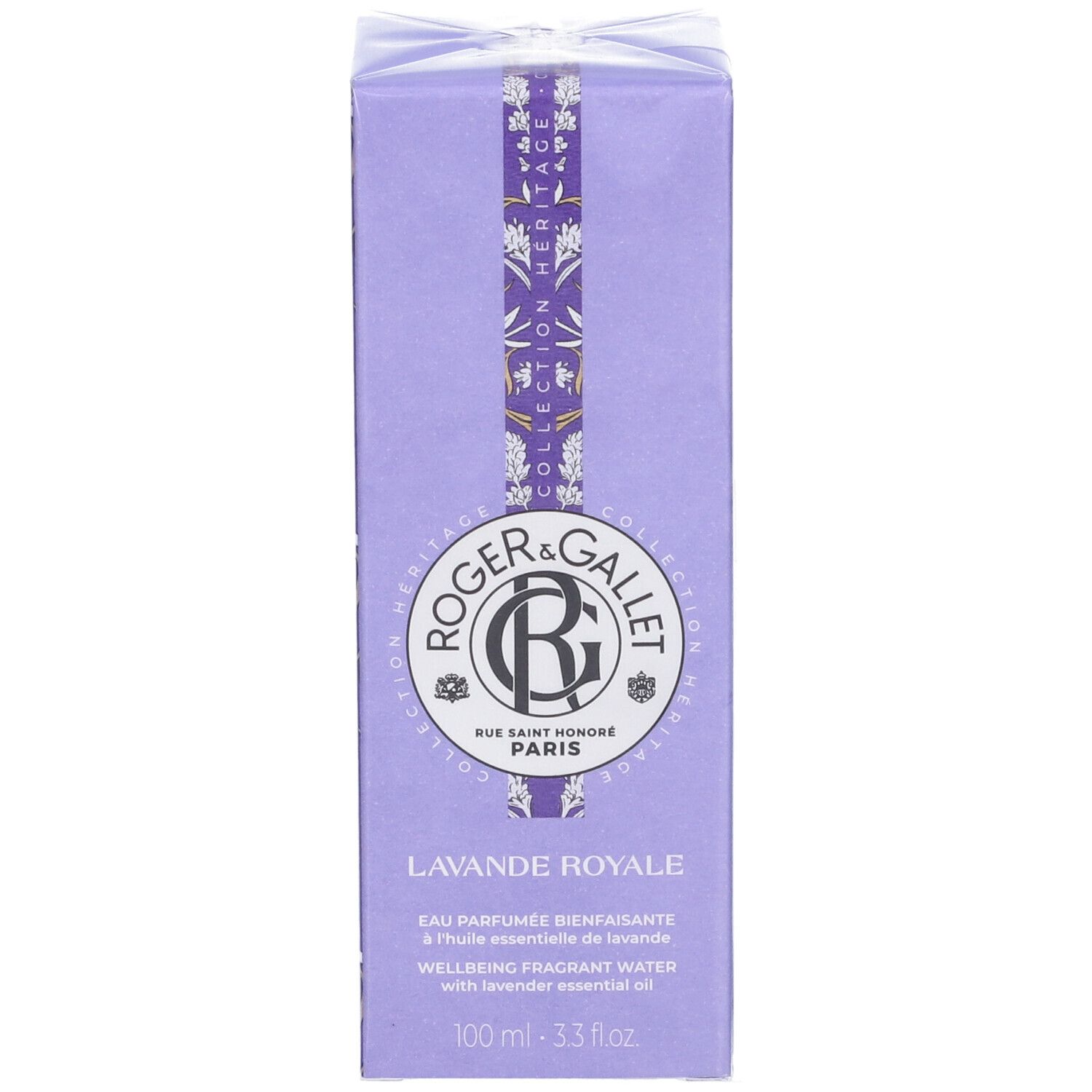 Confezione Roger & Gallet Lavande Royale. Vista frontale. Logo, nome e descrizione del prodotto.
