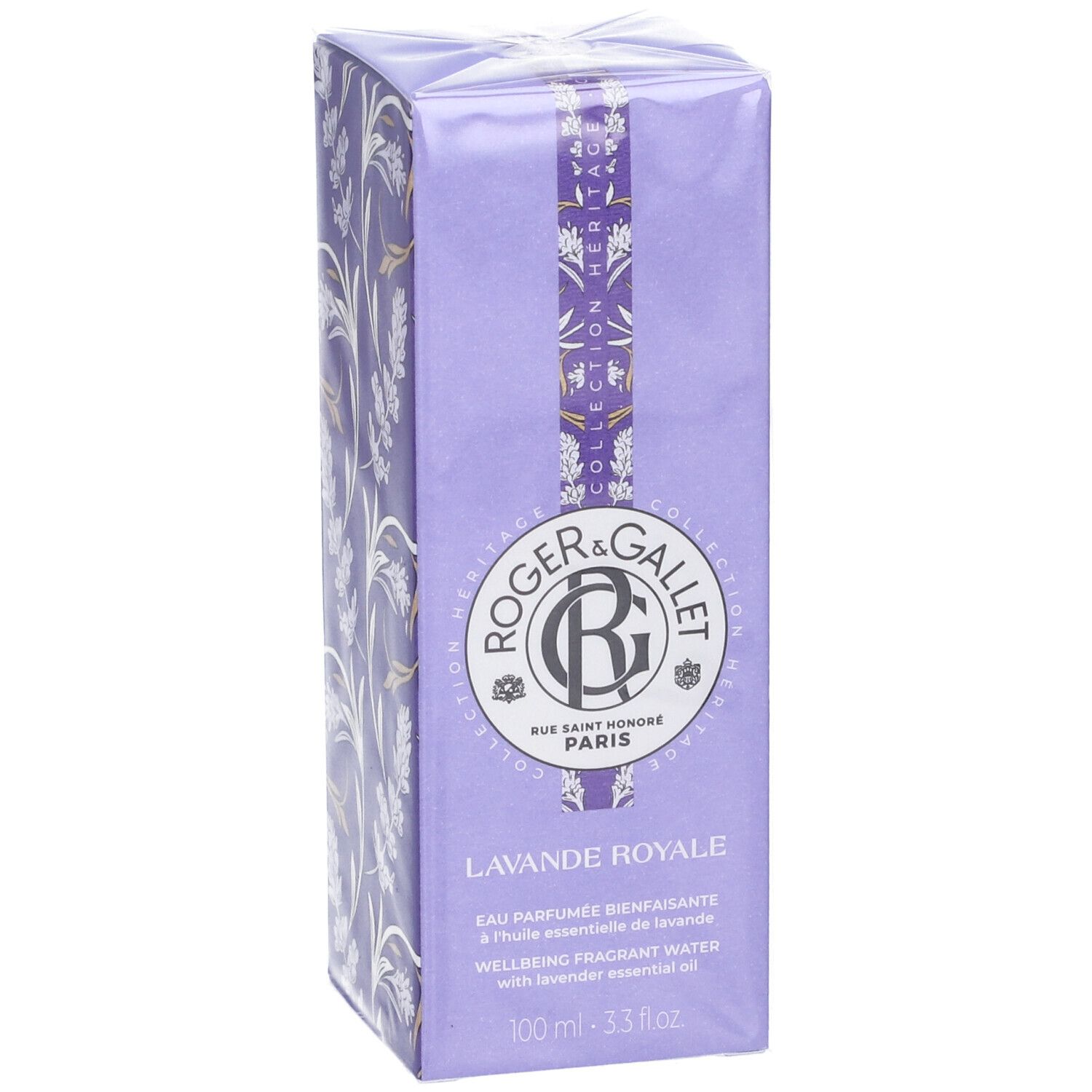 Confezione Roger & Gallet Lavande Royale. Vista frontale. Logo, nome e descrizione del prodotto.