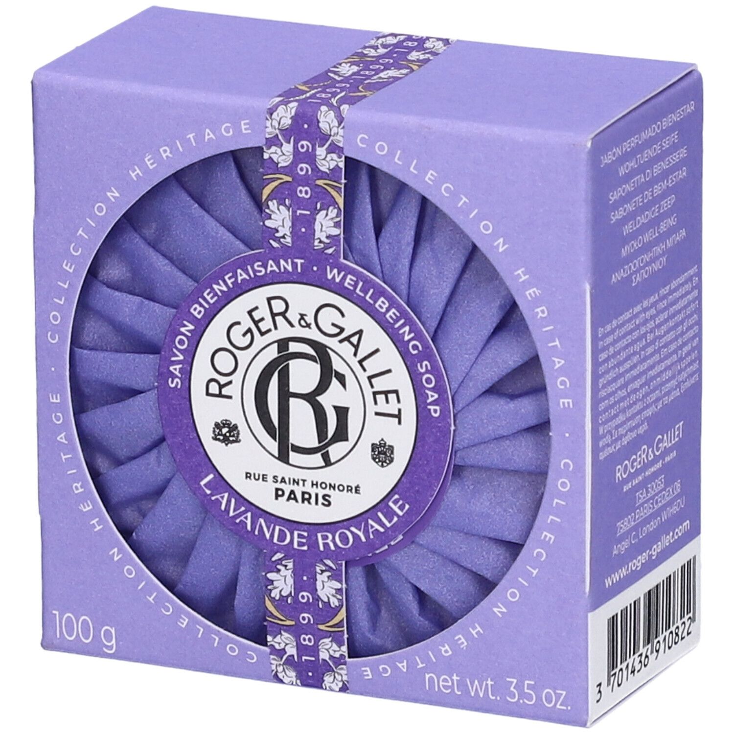 Scatola lilla con saponetta rotonda. Logo e scritta 'Lavande Royale'.