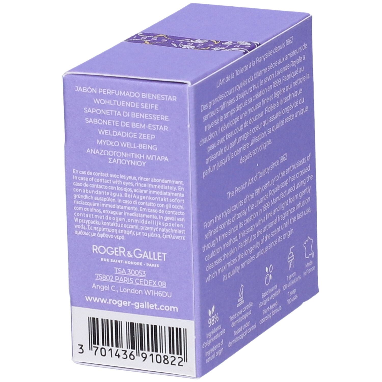 Scatola con testo e codice a barre. Logo 'Roger & Gallet'.