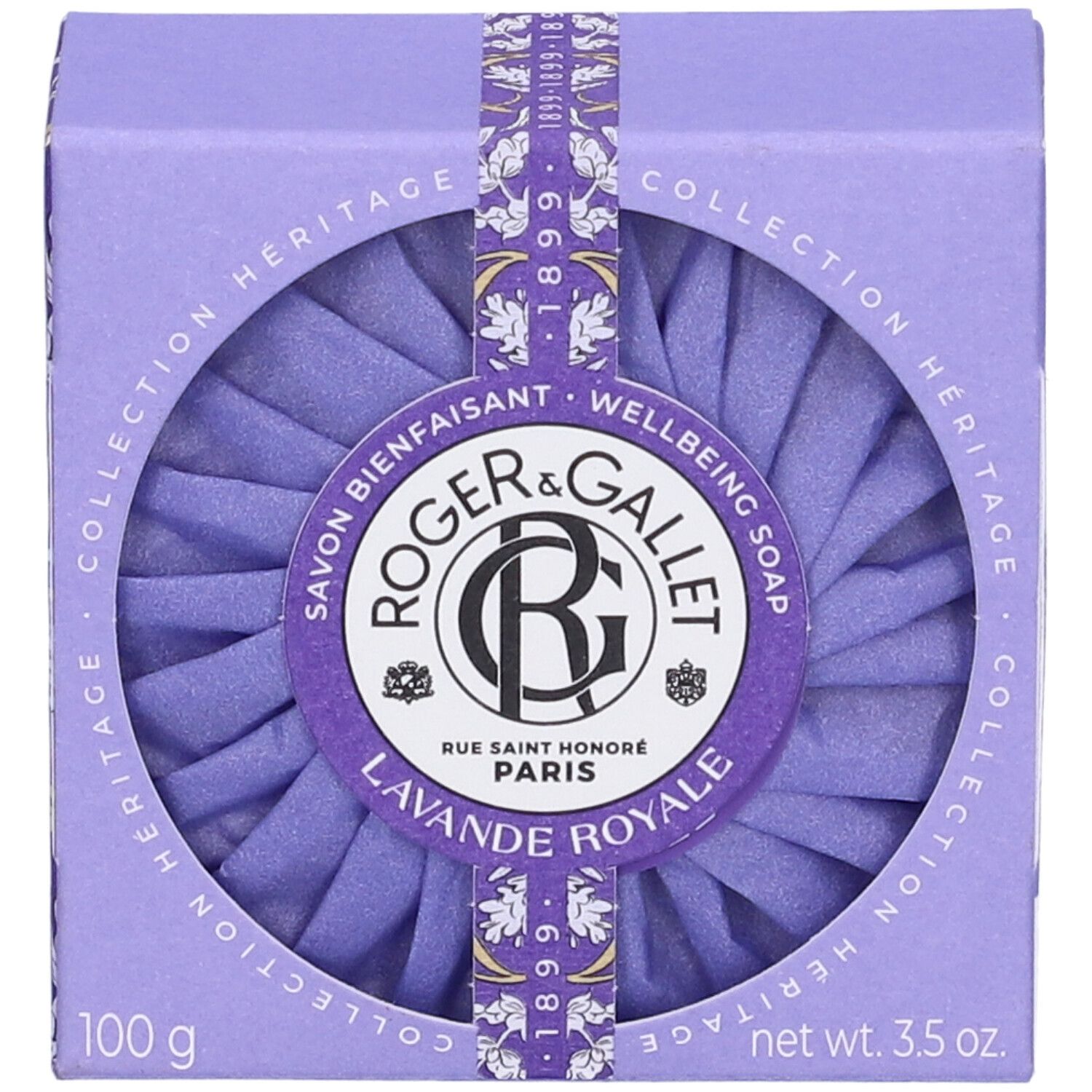 Scatola lilla con saponetta rotonda. Logo e scritta 'Lavande Royale'.