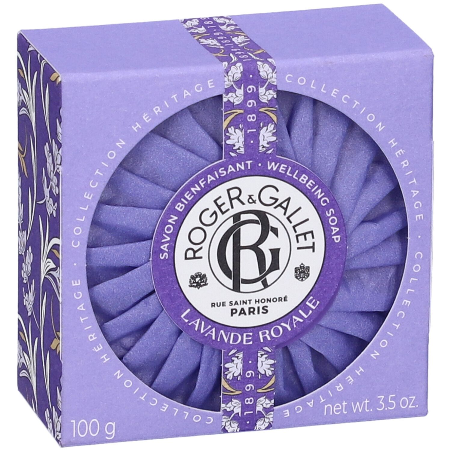Scatola lilla con saponetta rotonda. Logo e scritta 'Lavande Royale'.