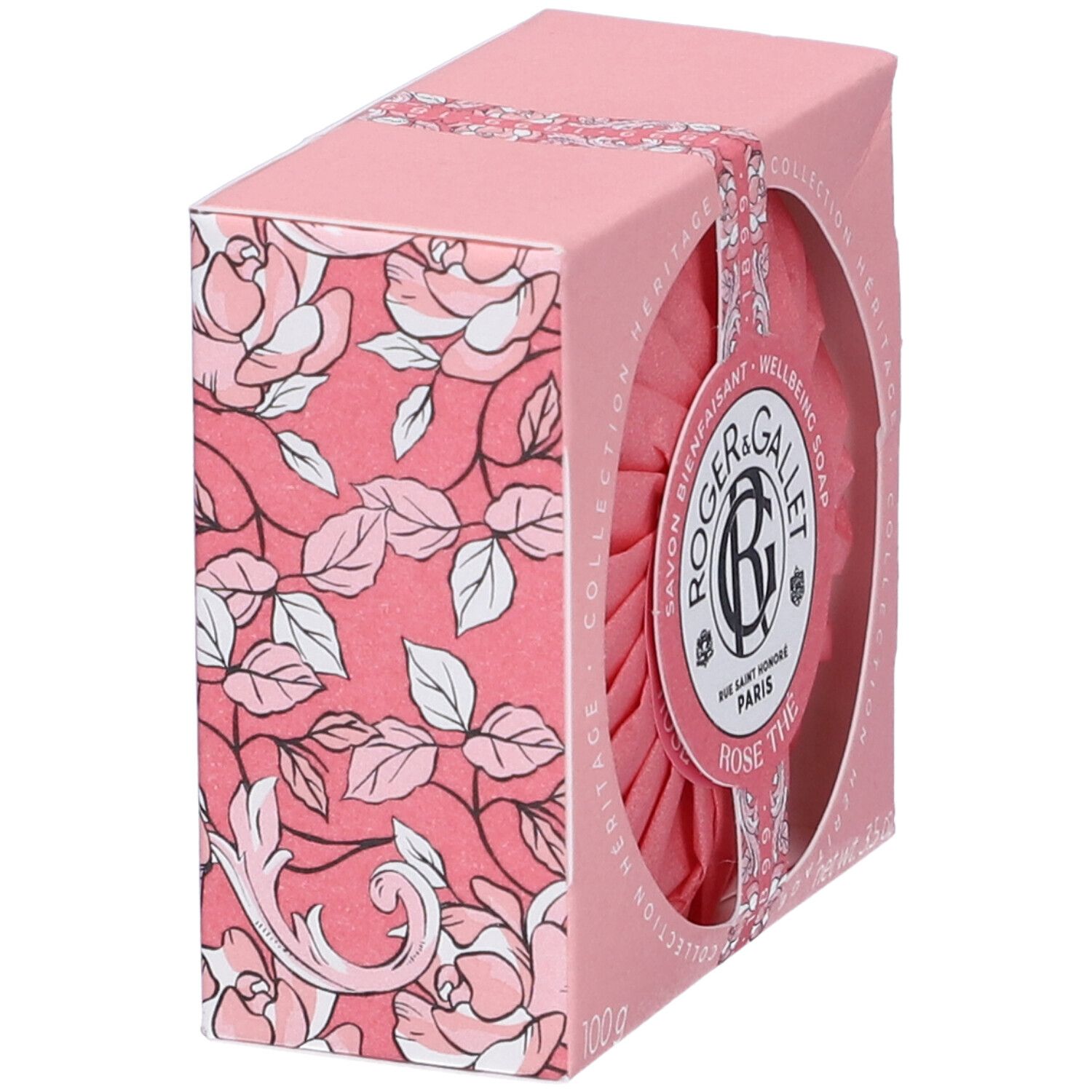 Sapone rosa in scatola rosa. Motivo floreale sul lato. Marchio Roger&Gallet. Testo: Rose Thé.