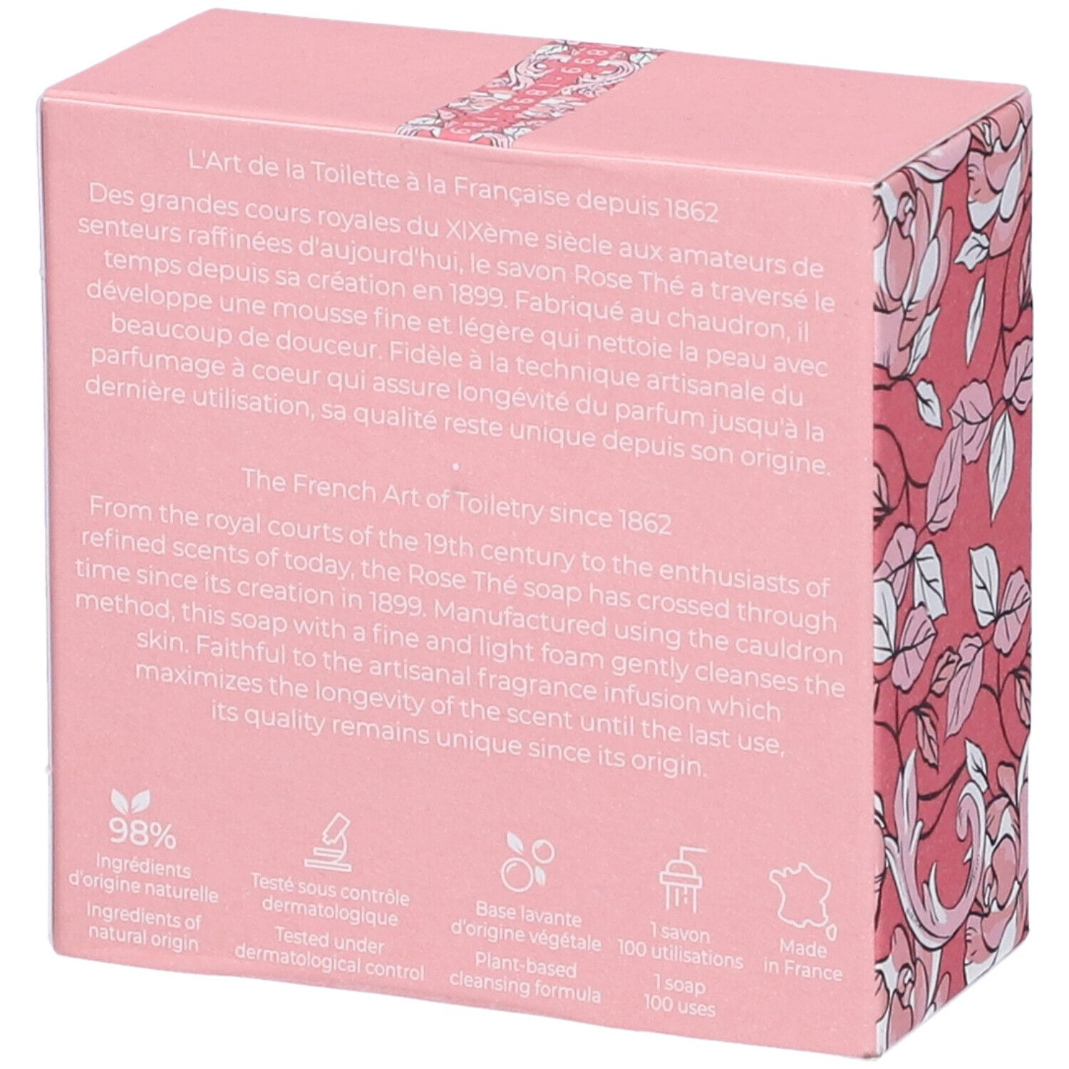 Scatola rosa con testo. Testo in francese e inglese. 98% ingredienti naturali.