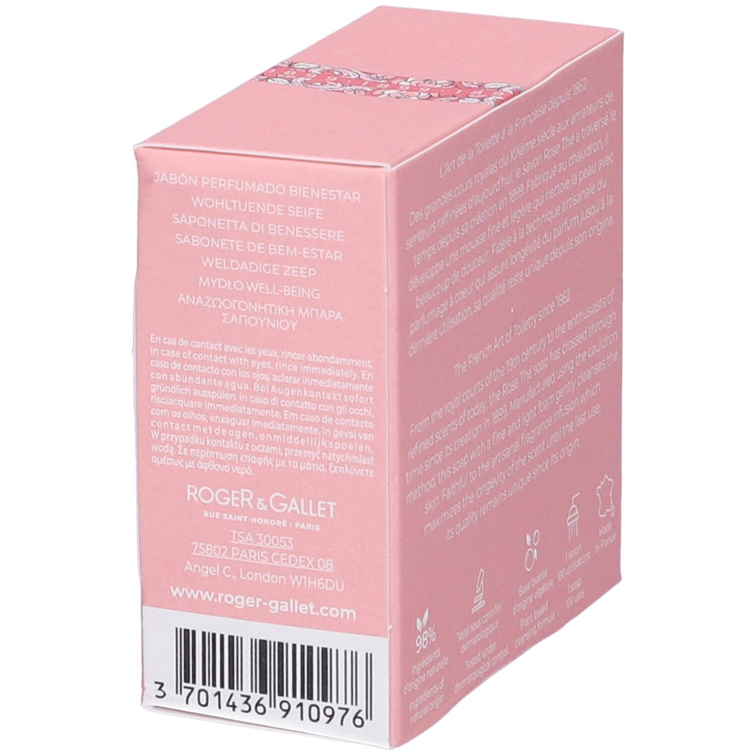 Scatola rosa con testo. Testo multilingue. Marchio Roger&Gallet. Codice a barre in basso.