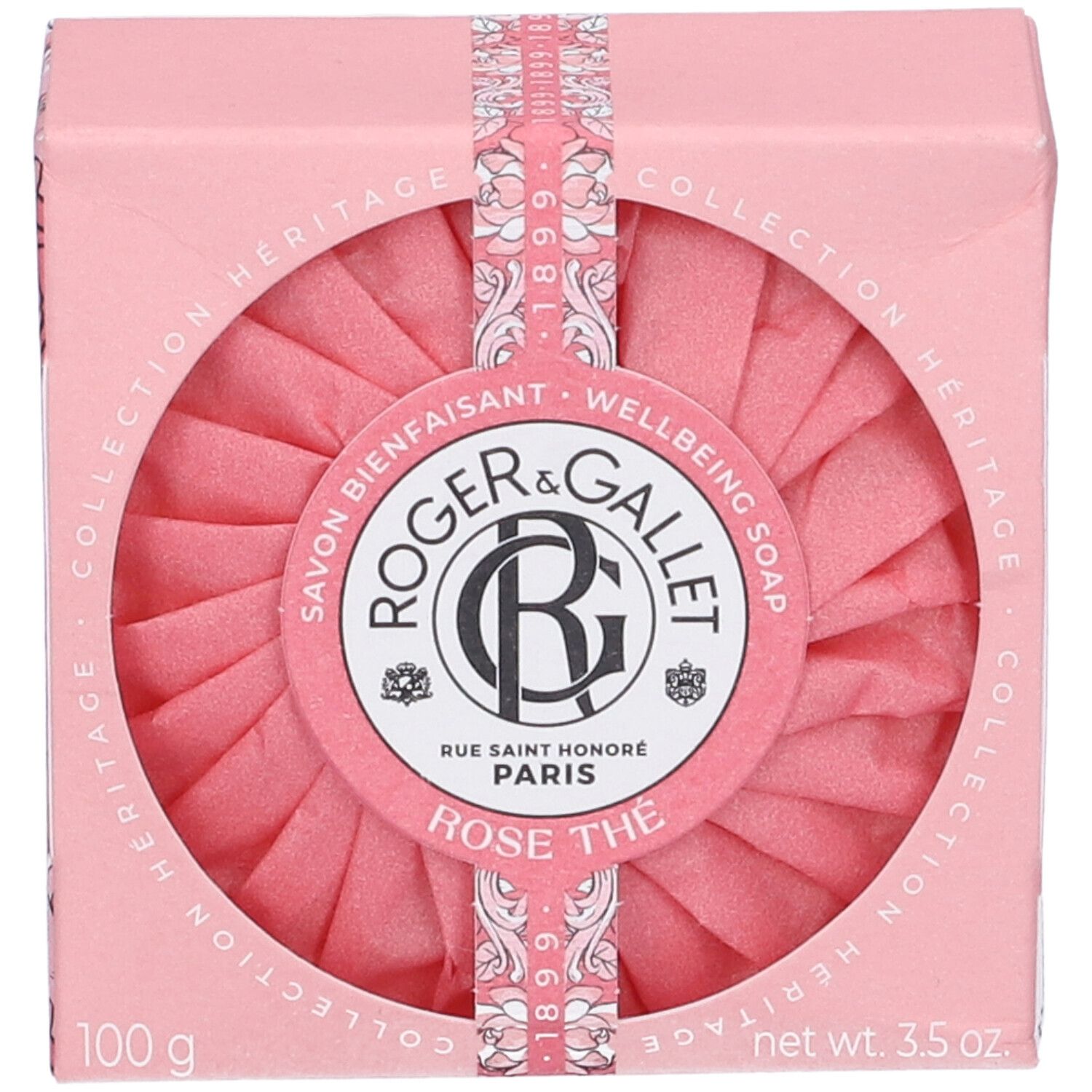 Sapone rosa in confezione rosa. Marchio Roger&Gallet. Sapone rotondo visibile. Testo: Rose Thé.