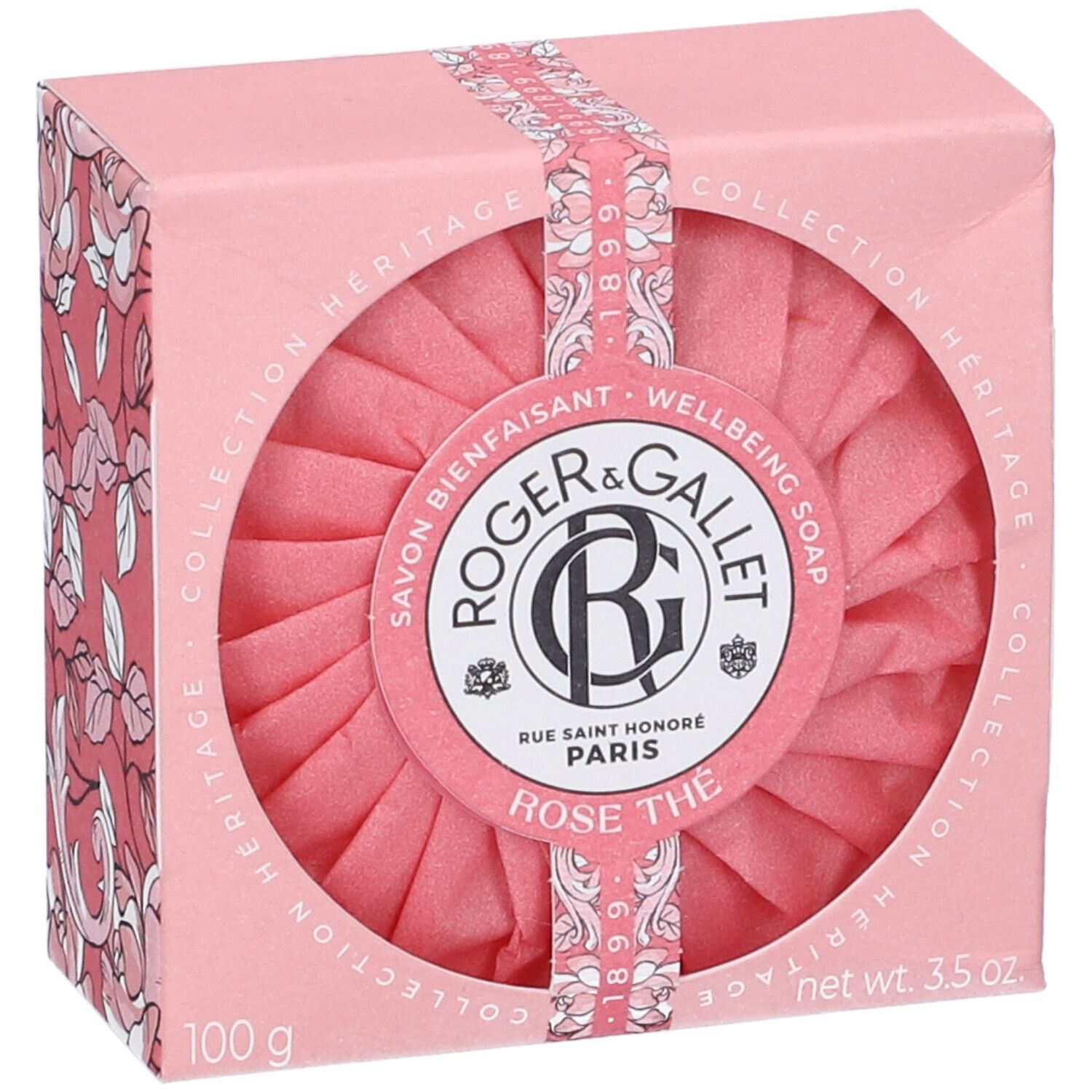 Sapone rosa in confezione rosa. Marchio Roger&Gallet. Sapone rotondo visibile. Testo: Rose Thé.