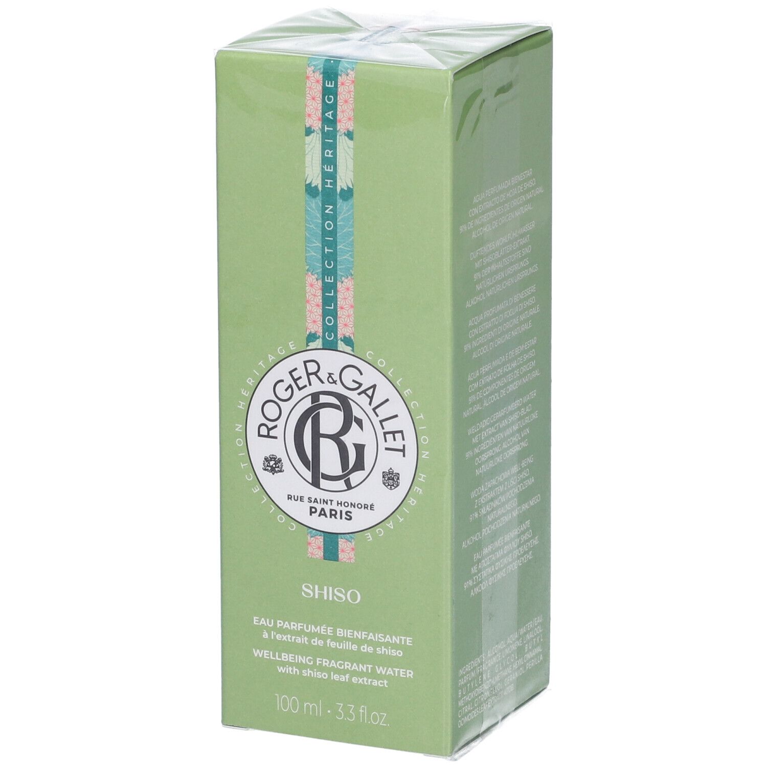 Scatola verde con informazioni sul prodotto. Logo Roger & Gallet e nome Shiso. Testo in inglese e francese. 100 ml.