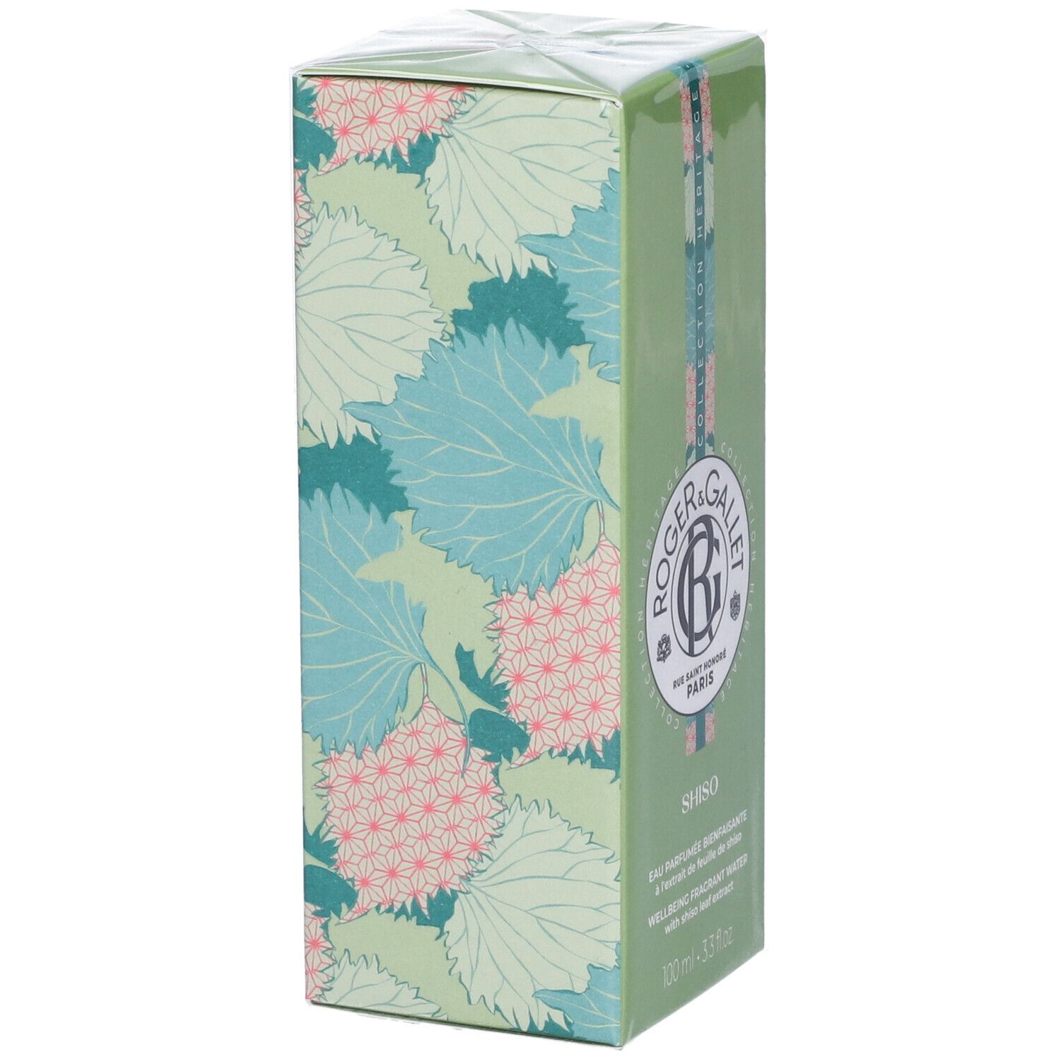 Scatola verde con motivo floreale. Logo Roger & Gallet e nome Shiso. Testo in inglese e francese. 100 ml.