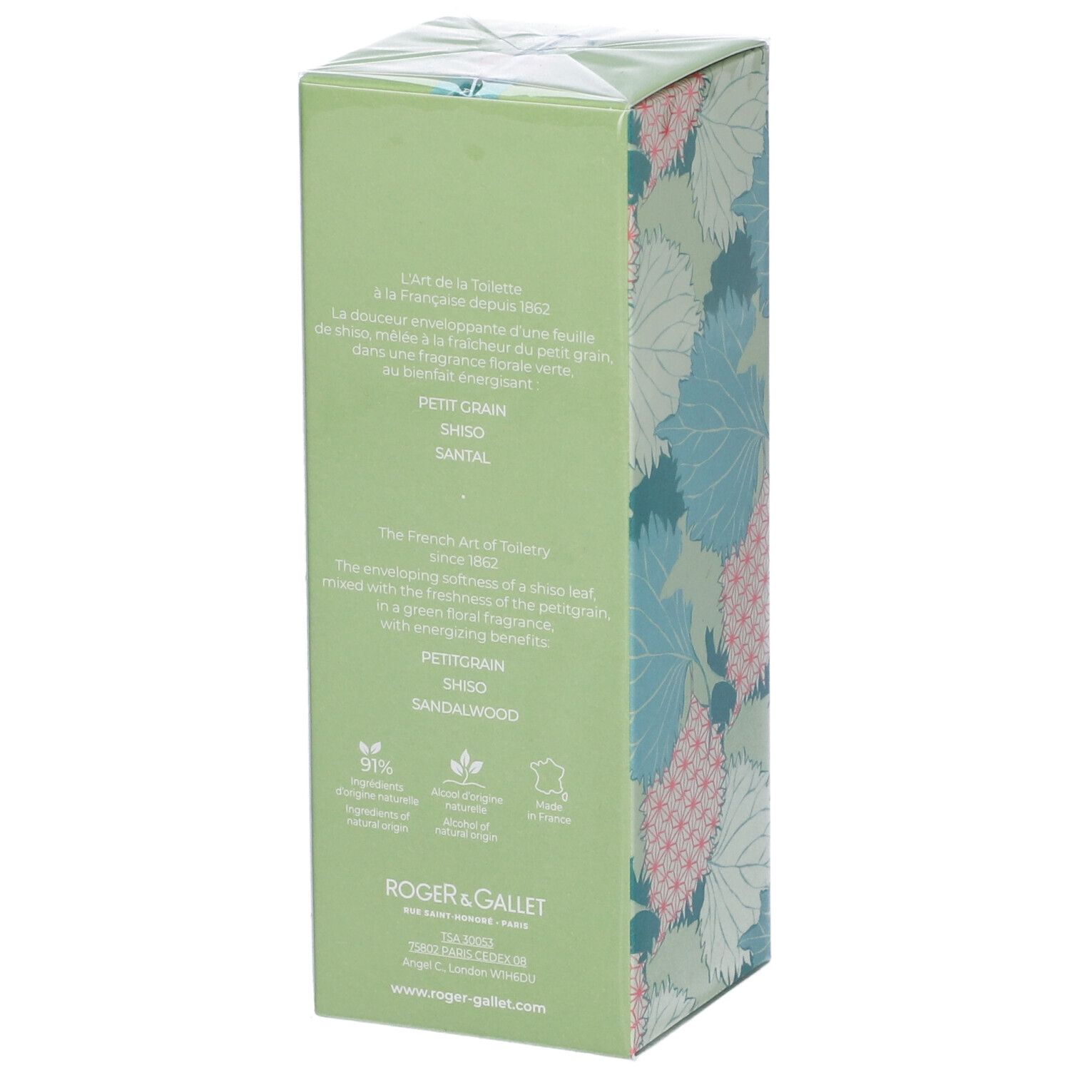 Retro della scatola verde. Testo multilingue. Logo Roger & Gallet. Informazioni sugli ingredienti e l'origine.