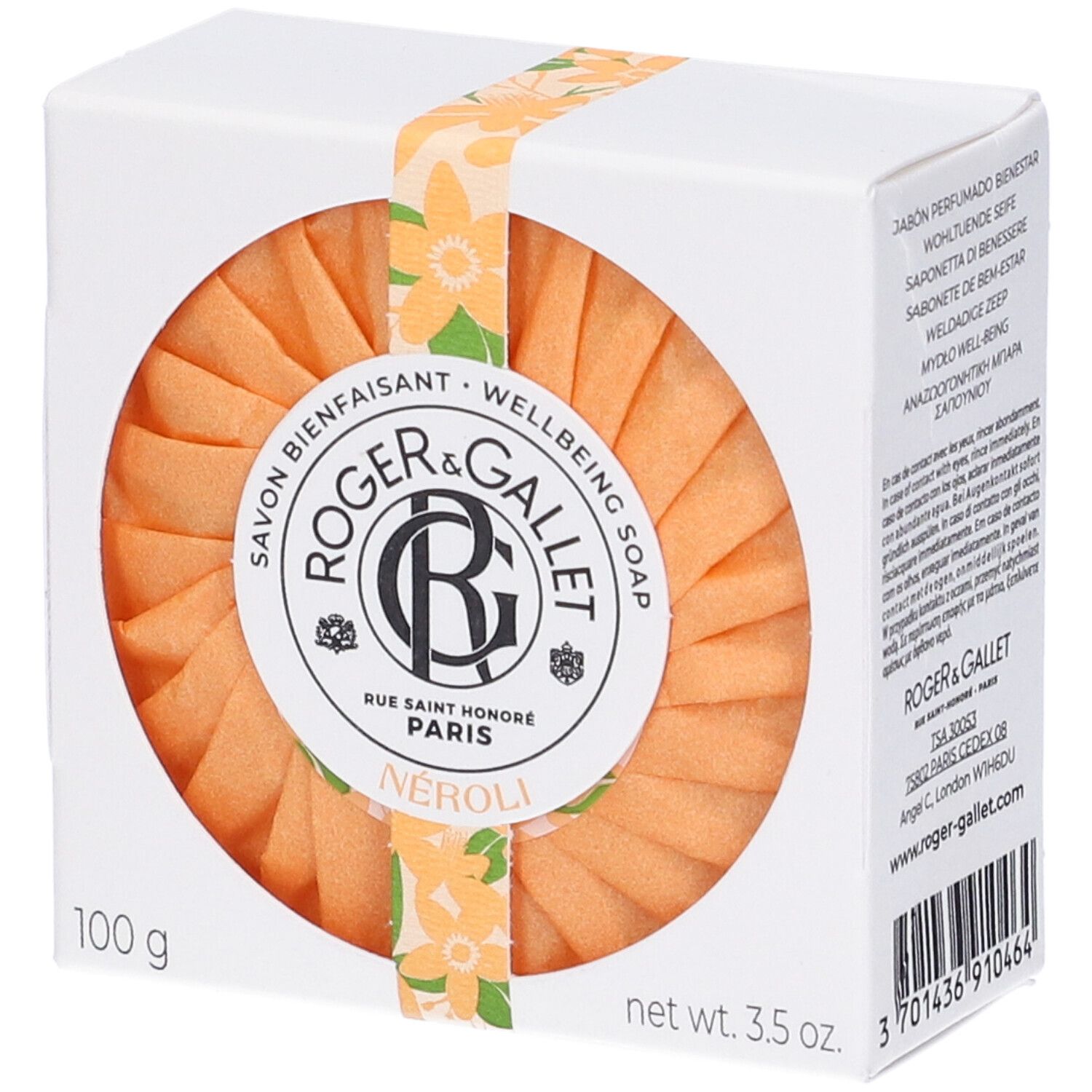 Saponetta arancione rotonda in scatola bianca. Marchio: Roger&Gallet. Testo: Neroli, 100 g, 3.5 oz.