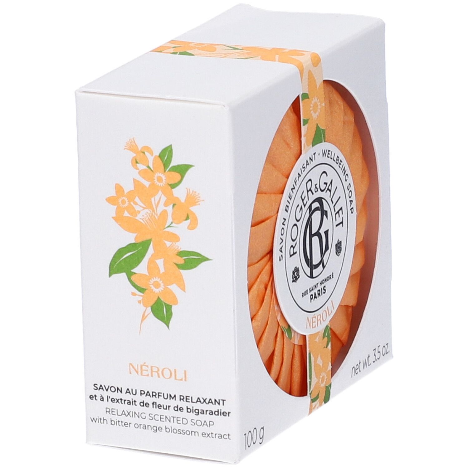 Scatola bianca con sapone arancione. Marchio: Roger&Gallet. Testo: Neroli, sapone rilassante con estratto di fiori d'arancio amaro.