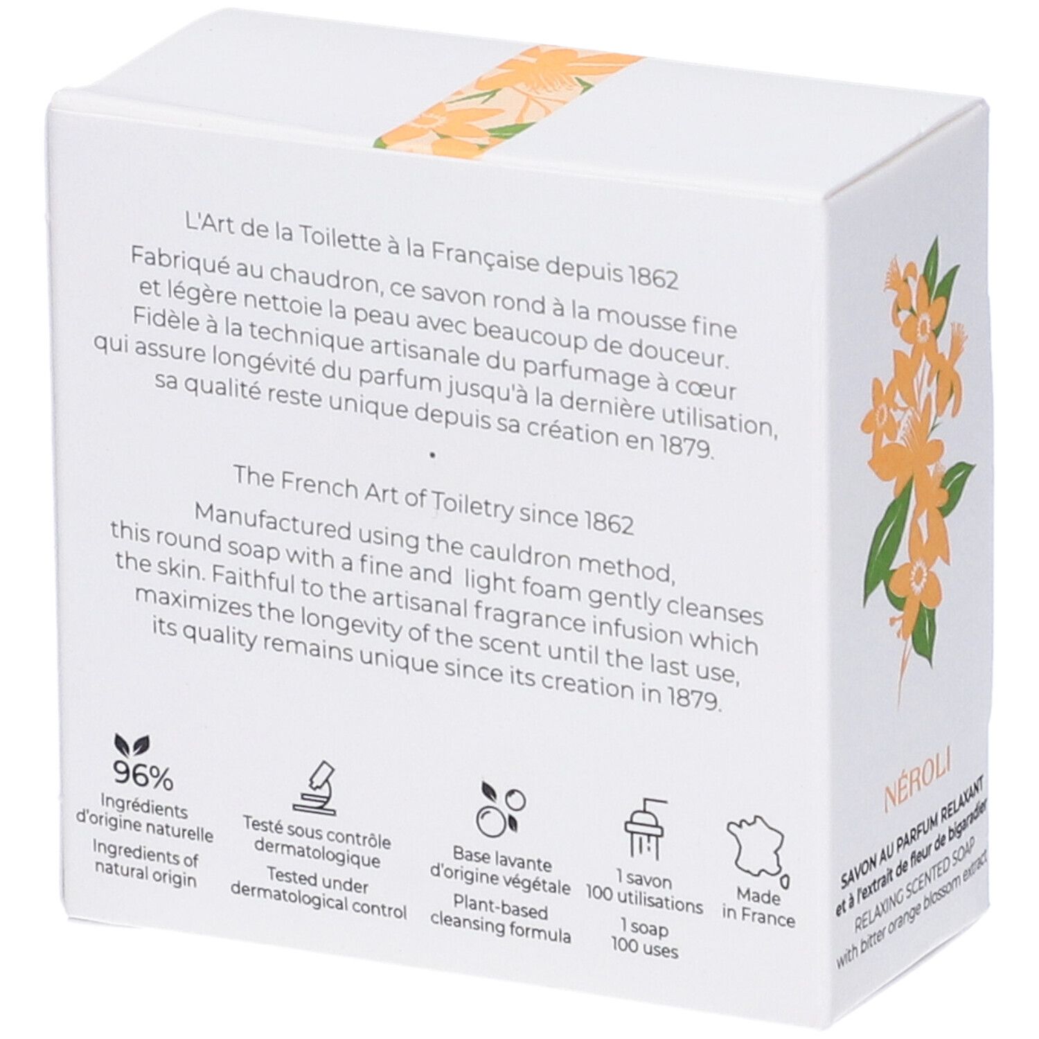 Retro della scatola bianca. Testo: 96% ingredienti di origine naturale, testato dermatologicamente, formula detergente vegetale.