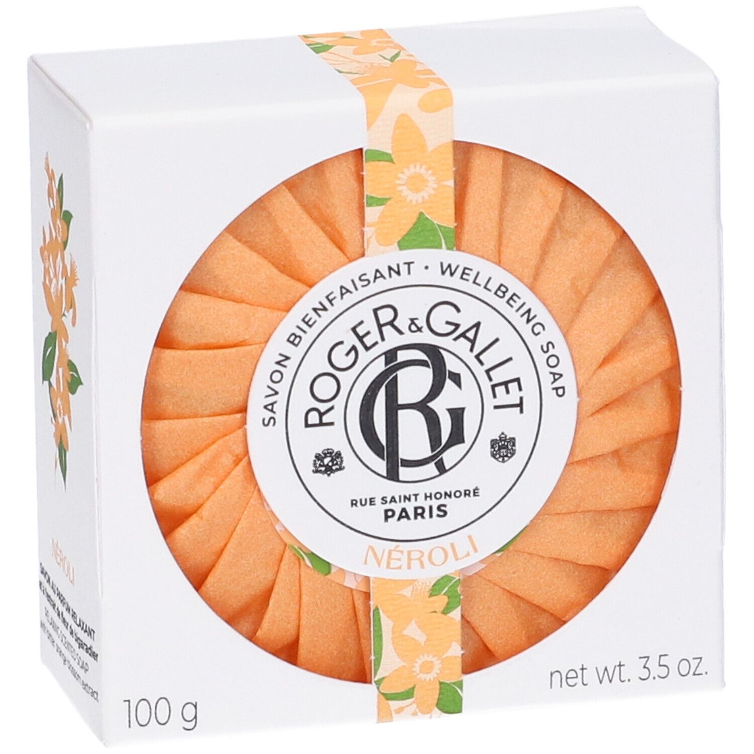 Saponetta arancione rotonda in scatola bianca. Marchio: Roger&Gallet. Testo: Neroli, 100 g, 3.5 oz.