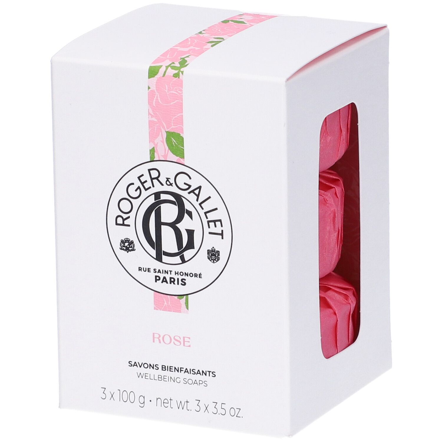 Scatola bianca con tre saponi rosa. Logo Roger&Gallet, scritta Rose. 3 x 100 g.
