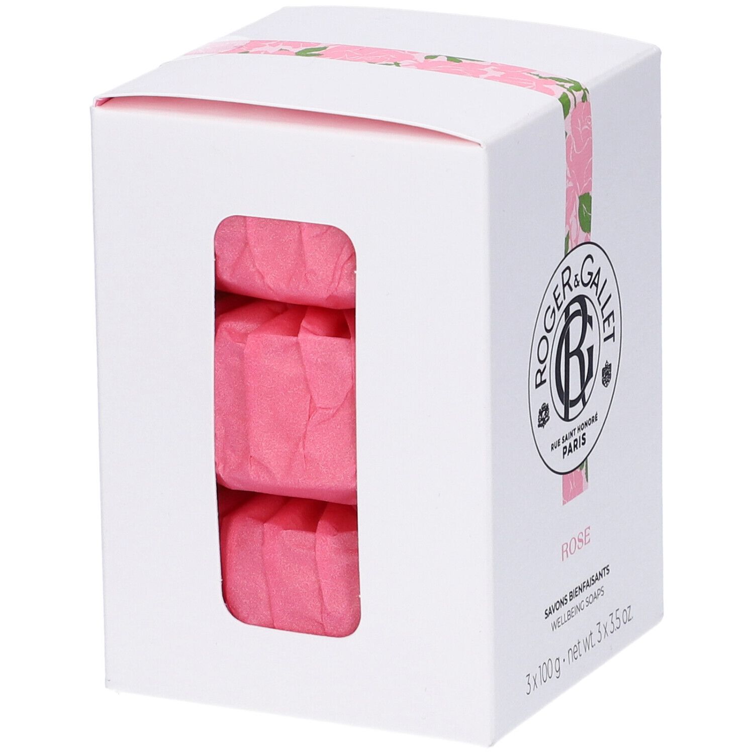 Scatola bianca con tre saponi rosa. Logo Roger&Gallet, scritta Rose. 3 x 100 g.