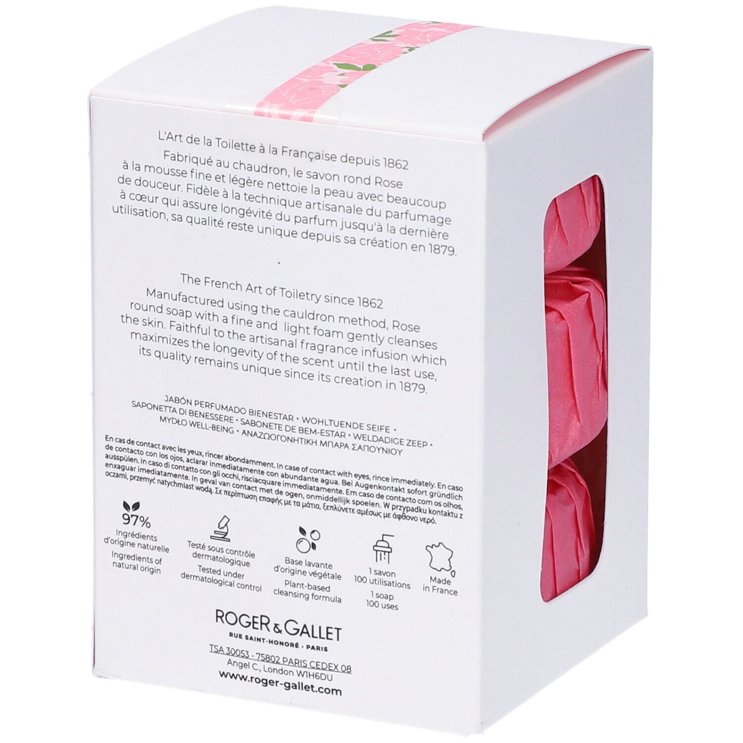 Scatola bianca con tre saponi rosa. Logo Roger&Gallet, testo. Retro con testo e loghi.