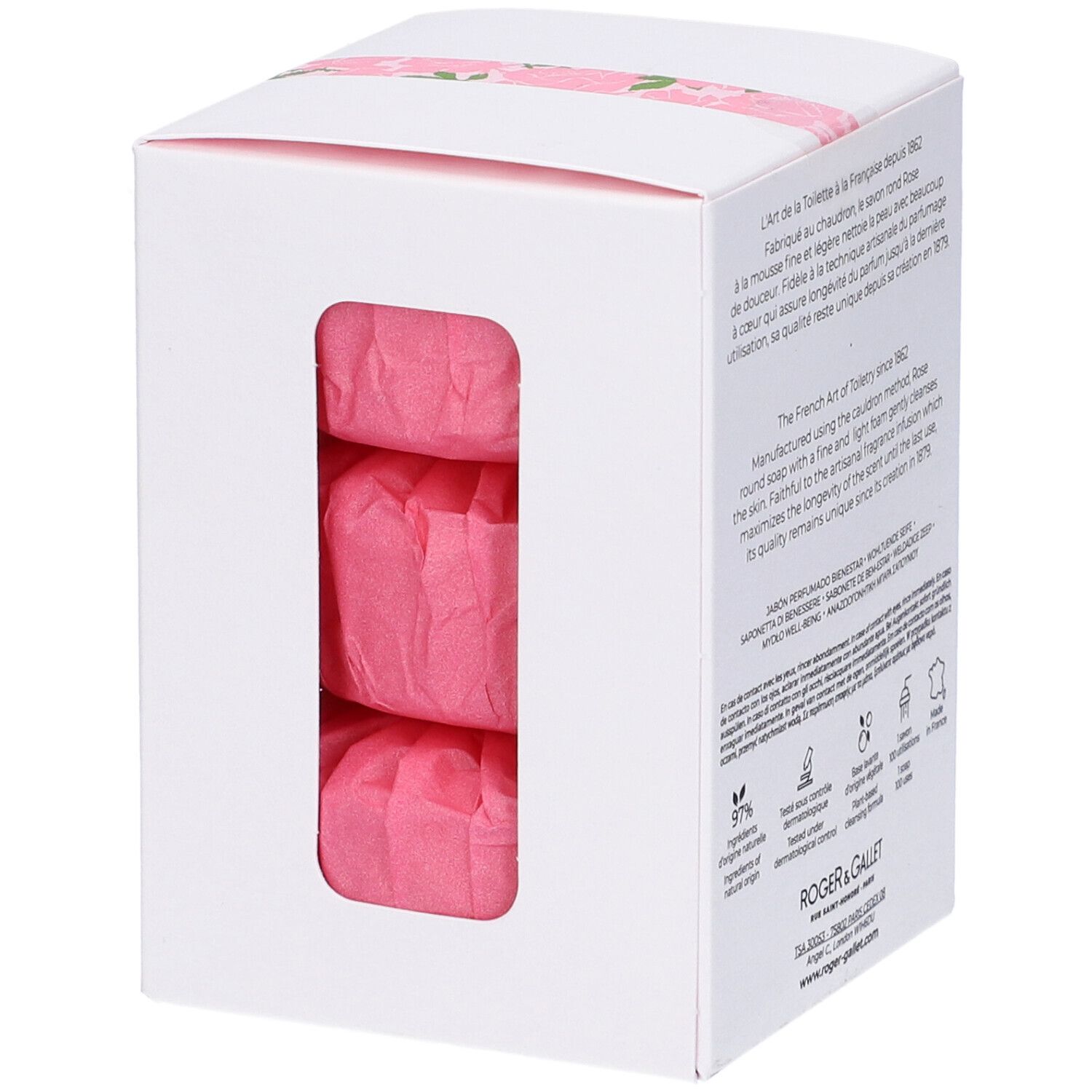 Scatola bianca con tre saponi rosa. Logo Roger&Gallet, testo. Retro con testo e loghi.