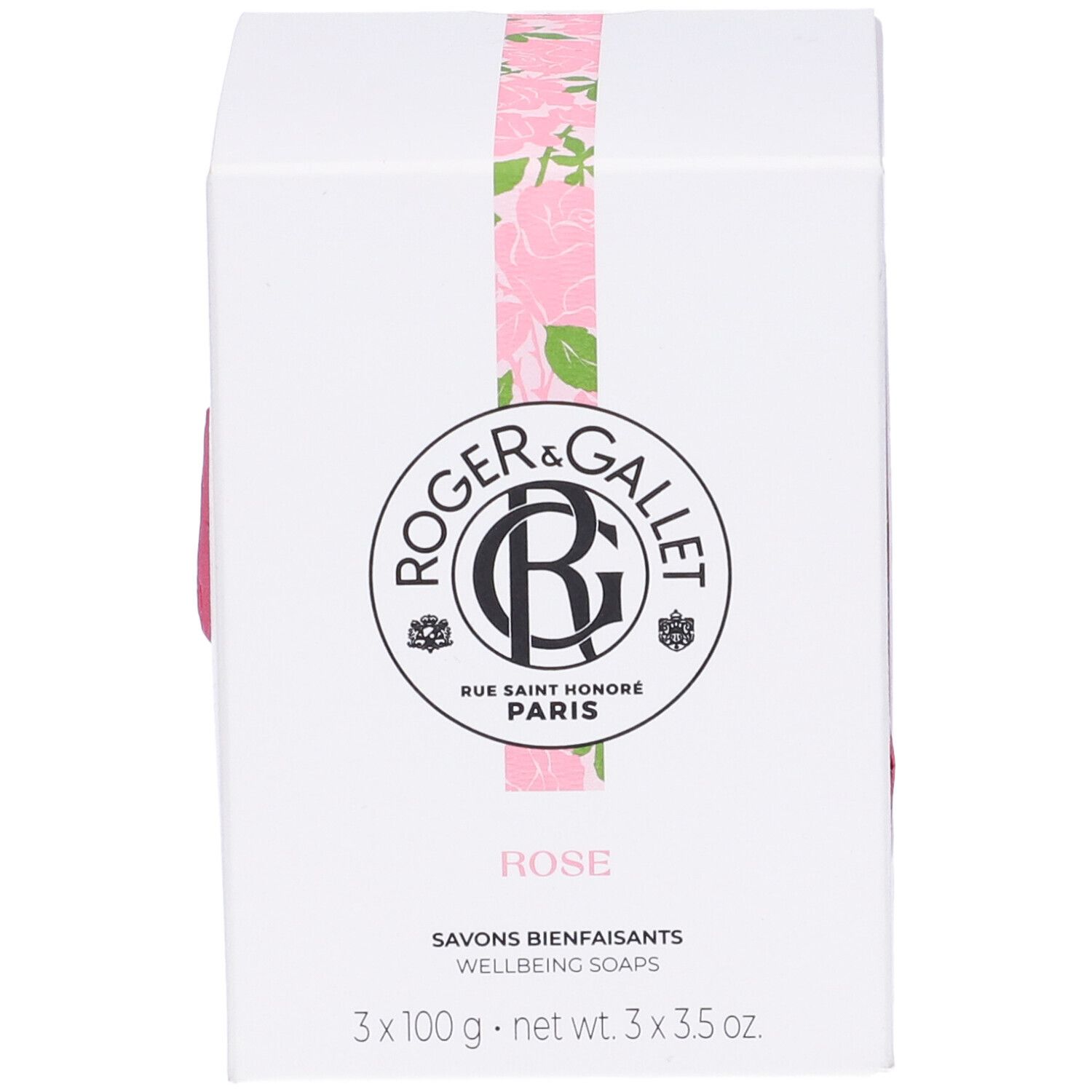 Scatola bianca con logo Roger&Gallet, scritta Rose. 3 x 100 g. Nastro rosa con motivi floreali.