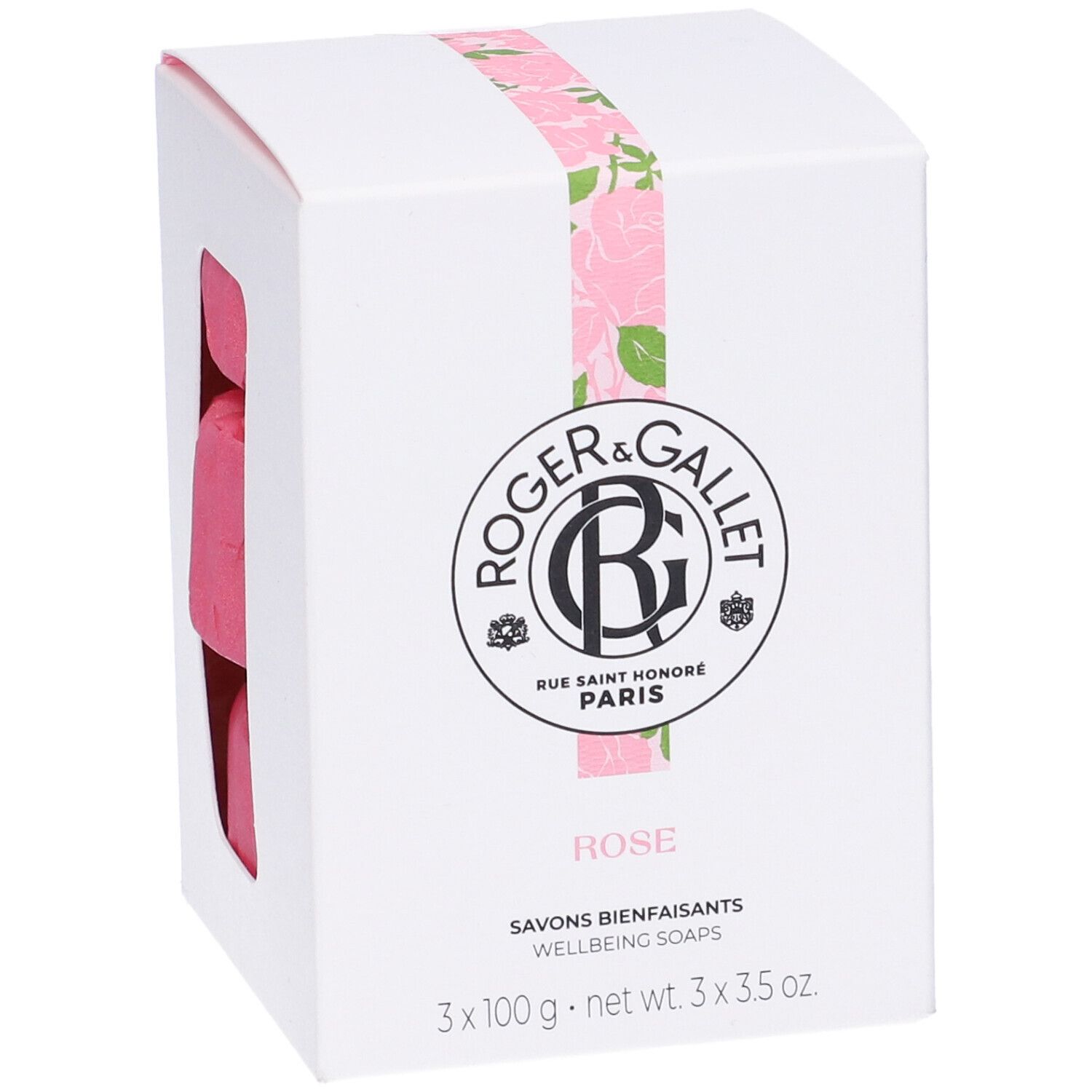 Scatola bianca con tre saponi rosa. Logo Roger&Gallet, scritta Rose. 3 x 100 g.