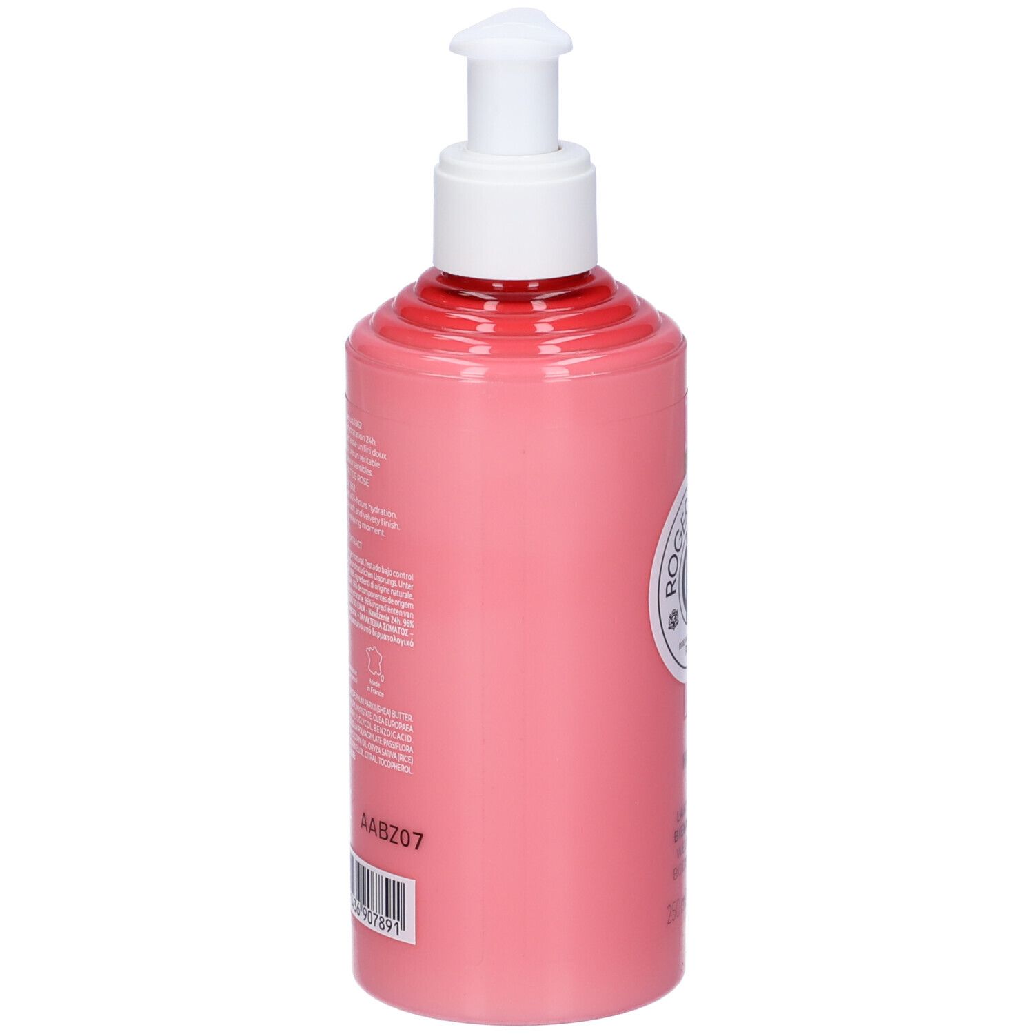 Flacone rosa con dosatore. Retro con testo. ROGER & GALLET. Codice a barre e numero di lotto.