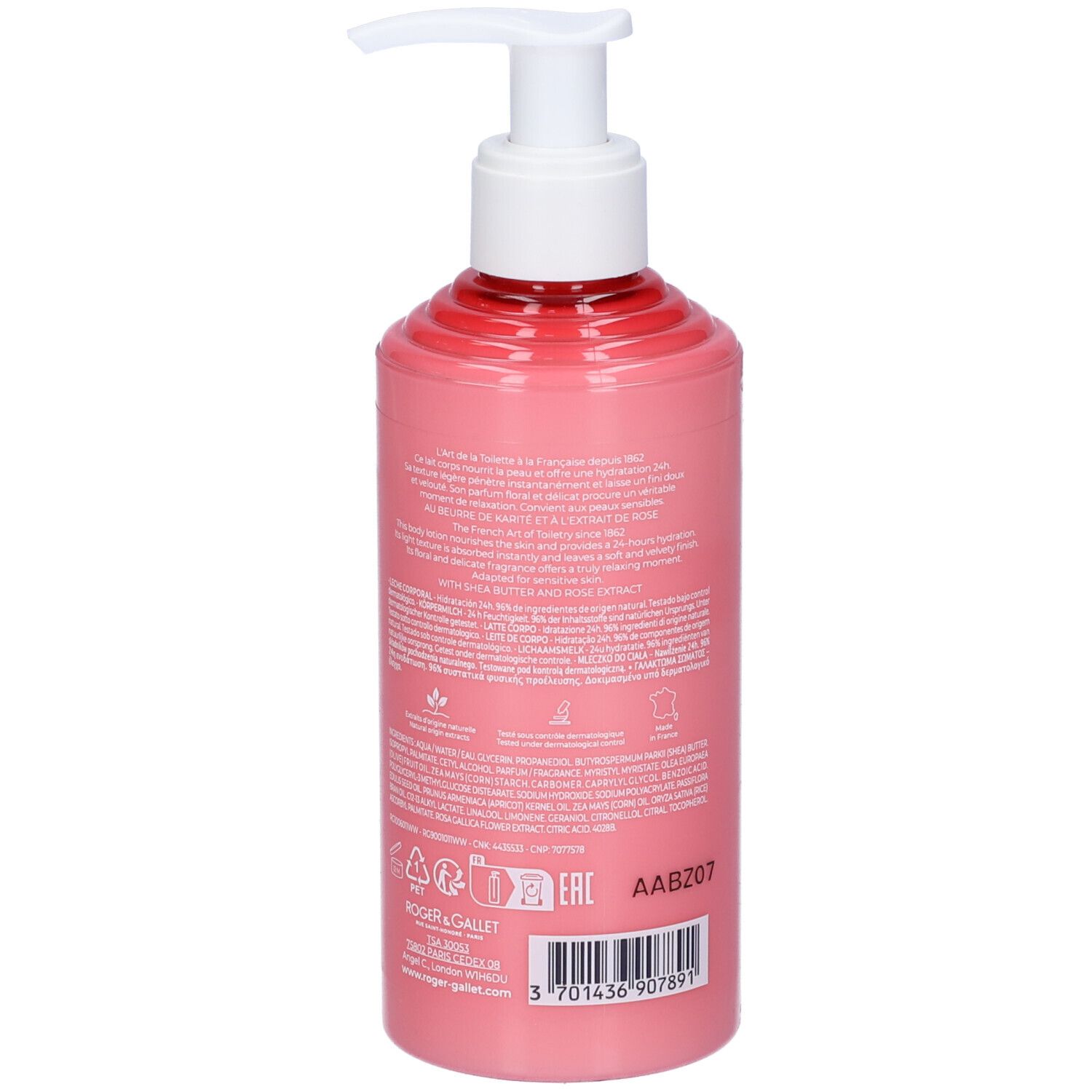 Flacone rosa con dosatore. Retro con testo. ROGER & GALLET. Ingredienti e informazioni produttore.