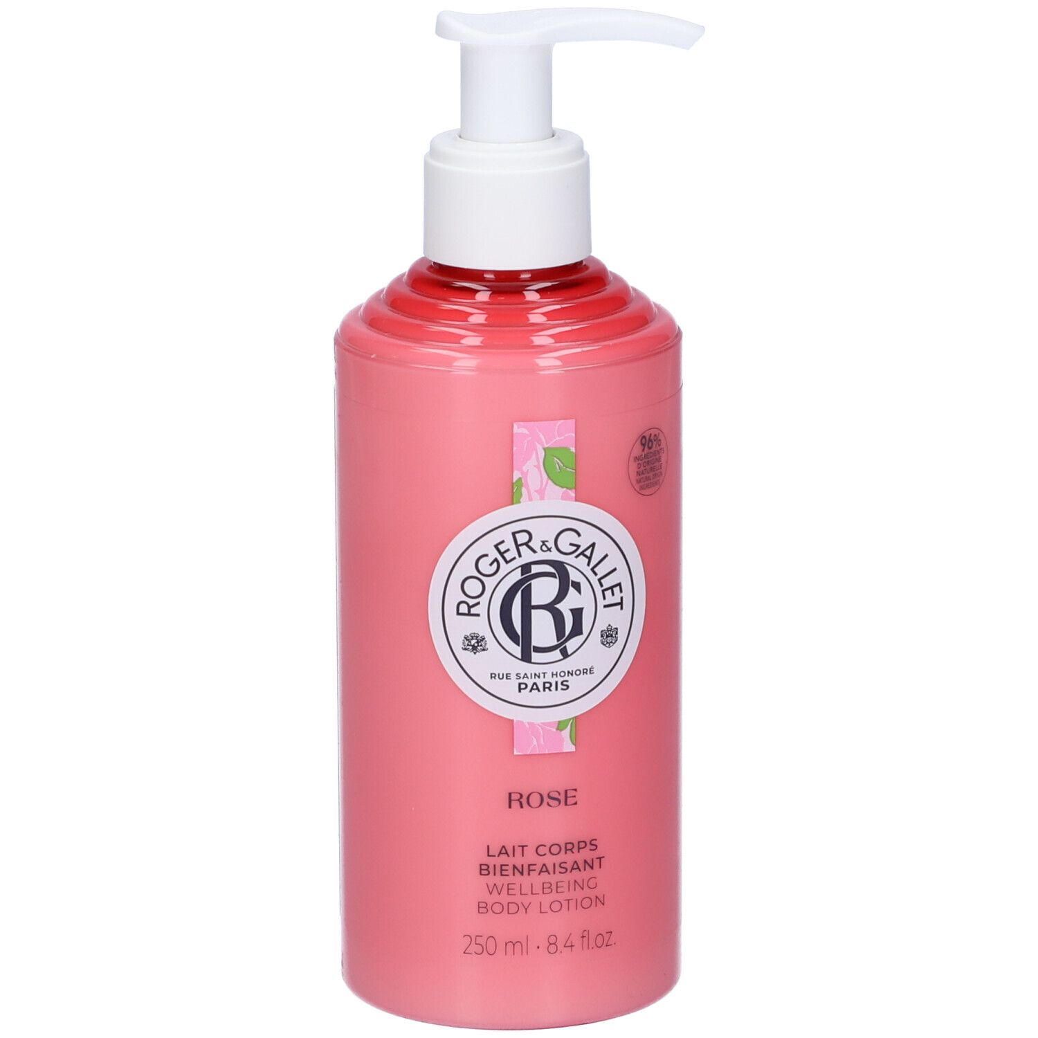 Flacone rosa con dosatore. Scritta ROSE, ROGER & GALLET. Lait Corps Bienfaisant. 250 ml.