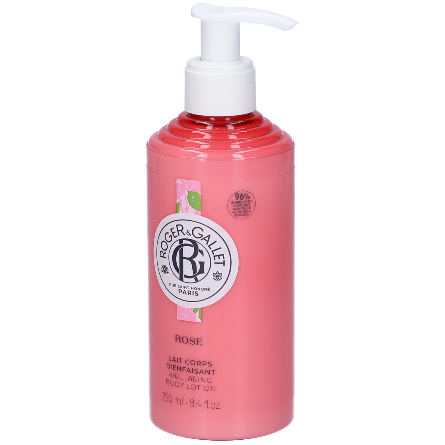 Flacone rosa con dosatore. Scritta ROSE, ROGER & GALLET. Lait Corps Bienfaisant. 250 ml. 96% ingredienti naturali.