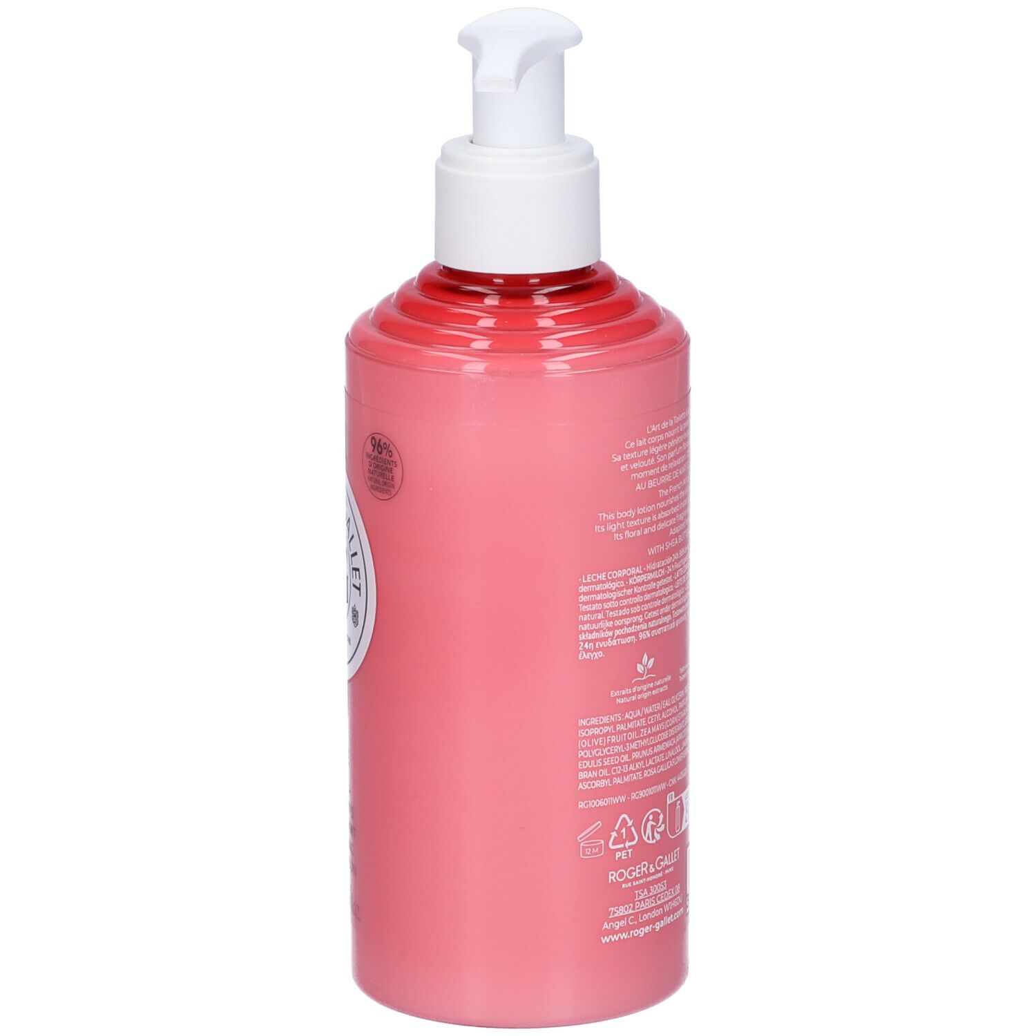 Flacone rosa con dosatore. Retro con testo. ROGER & GALLET. 96% ingredienti naturali.