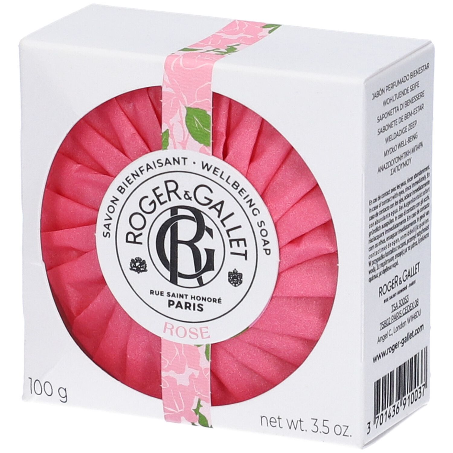 Sapone rosa rotondo in scatola bianca. Scritta: ROGER & GALLET, ROSE. Con nastro rosa.