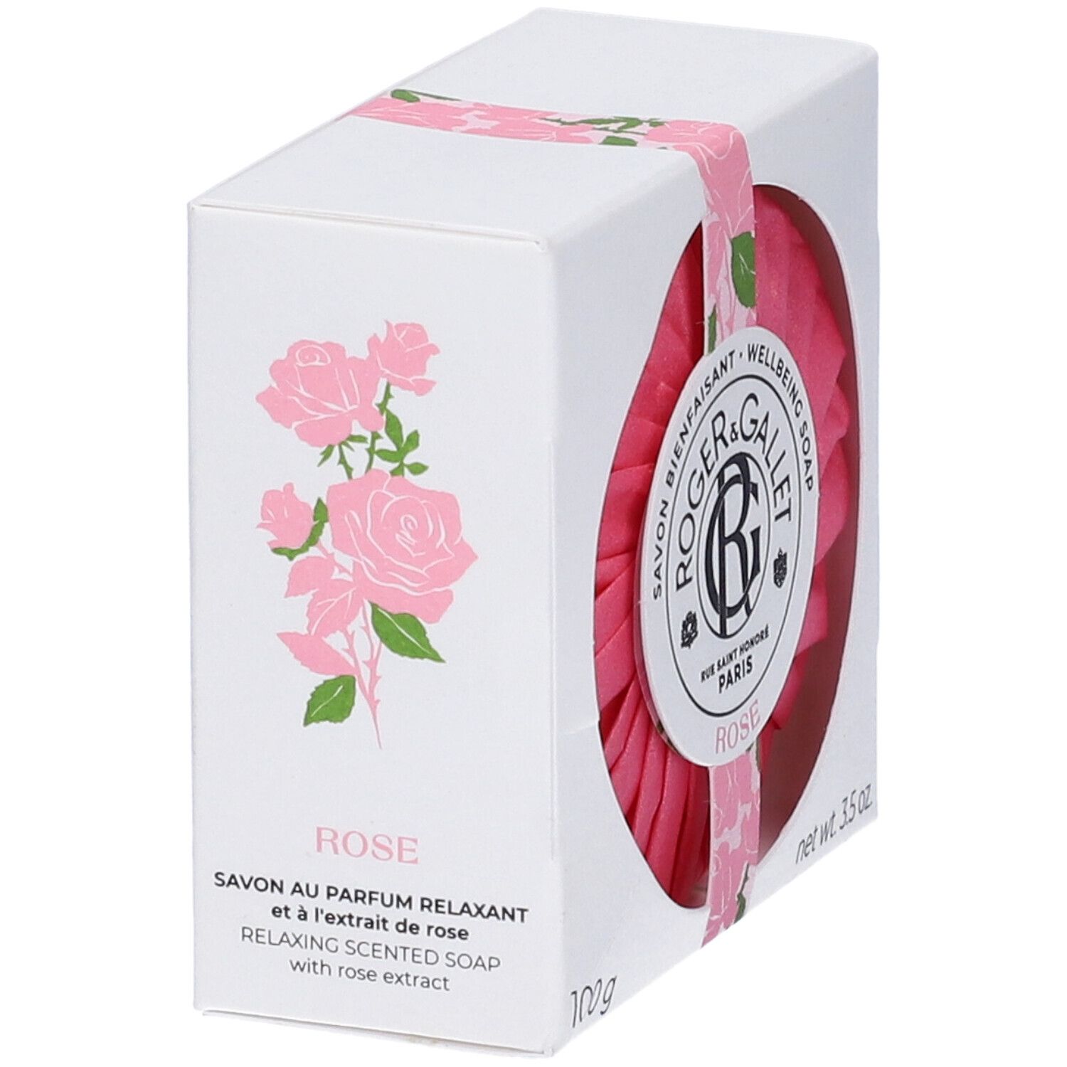 Scatola bianca con motivo di rose rosa. Contiene sapone rosa rotondo. Scritta: ROSE, ROGER & GALLET.