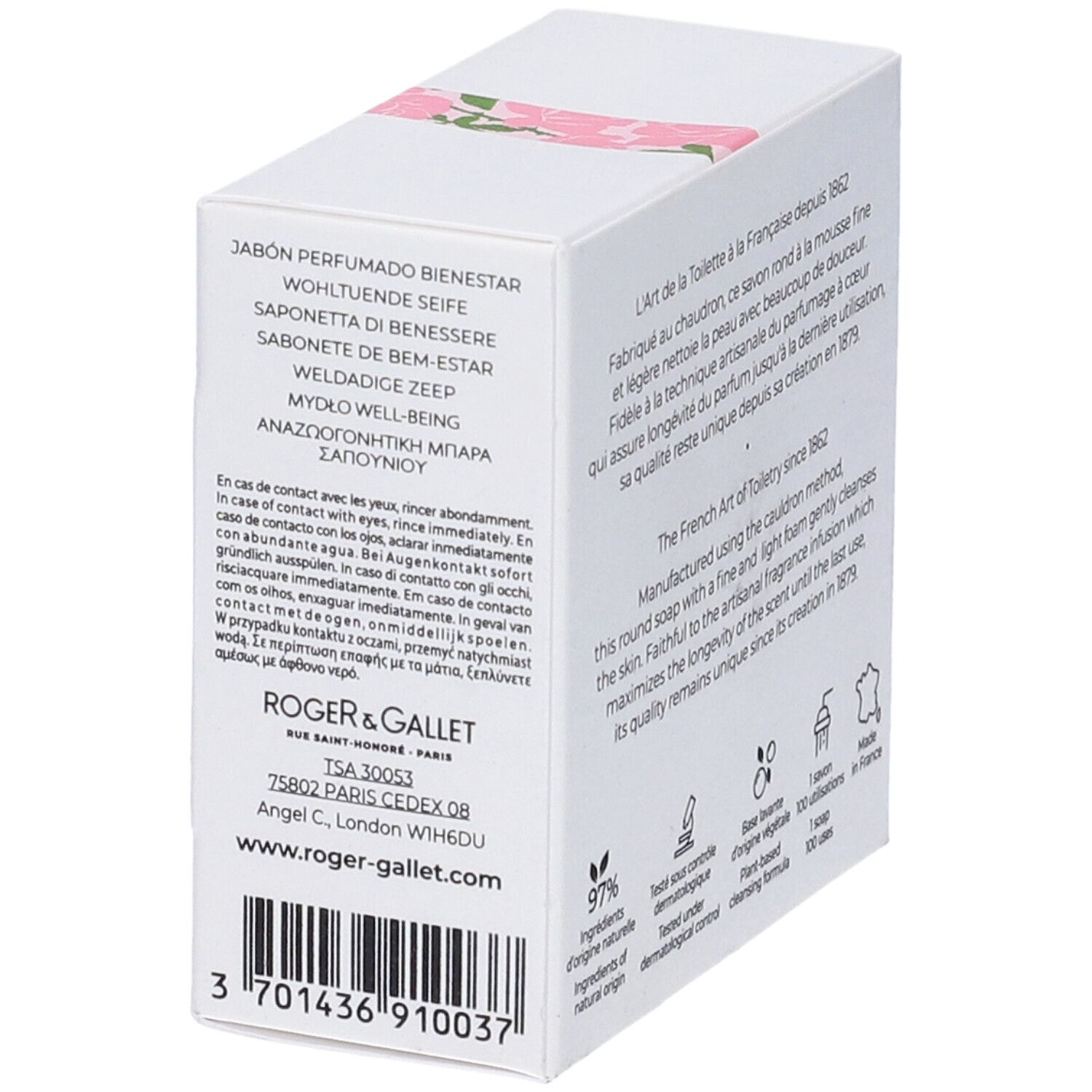 Scatola bianca con testo multilingue. Contiene informazioni sul prodotto e il marchio ROGER & GALLET.