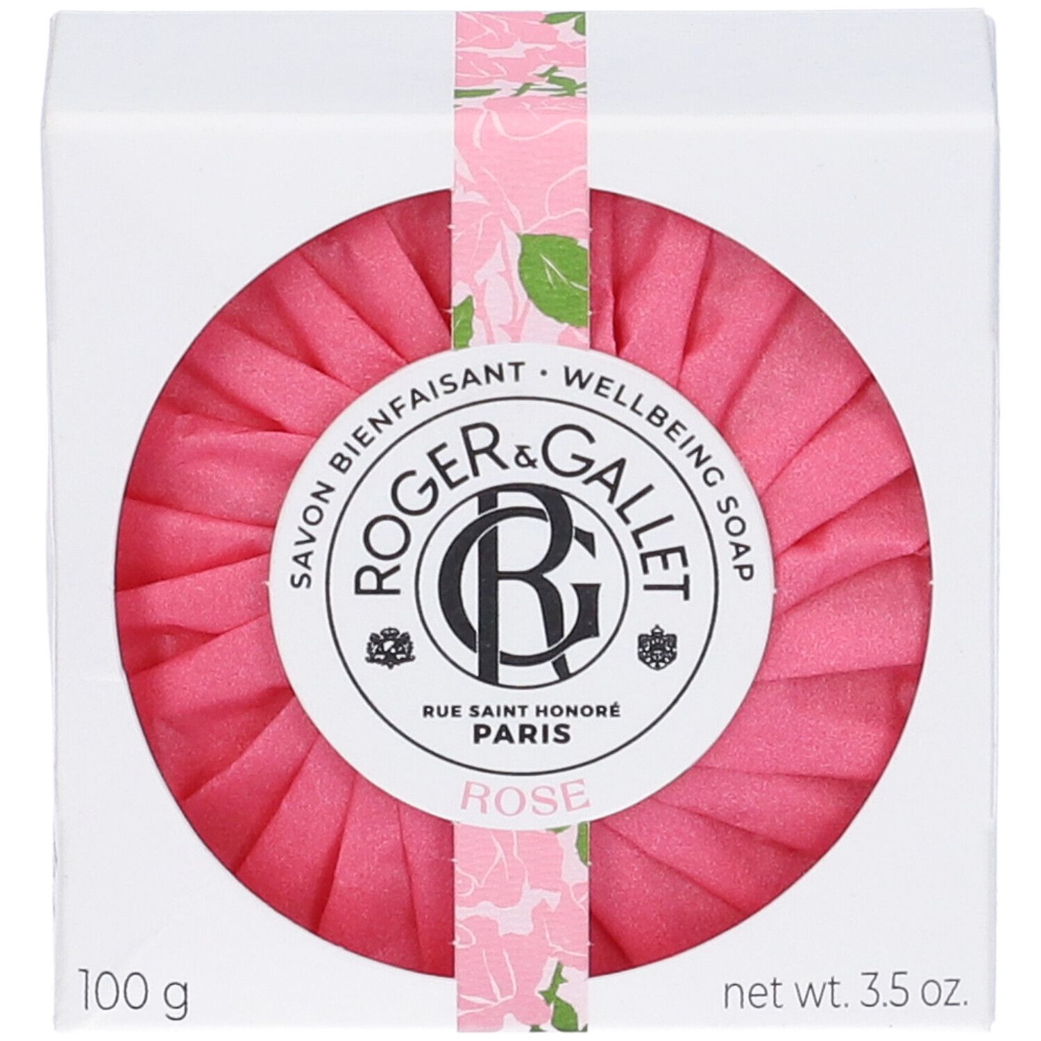 Sapone rosa rotondo in scatola bianca. Scritta: ROGER & GALLET, ROSE. Con nastro rosa.